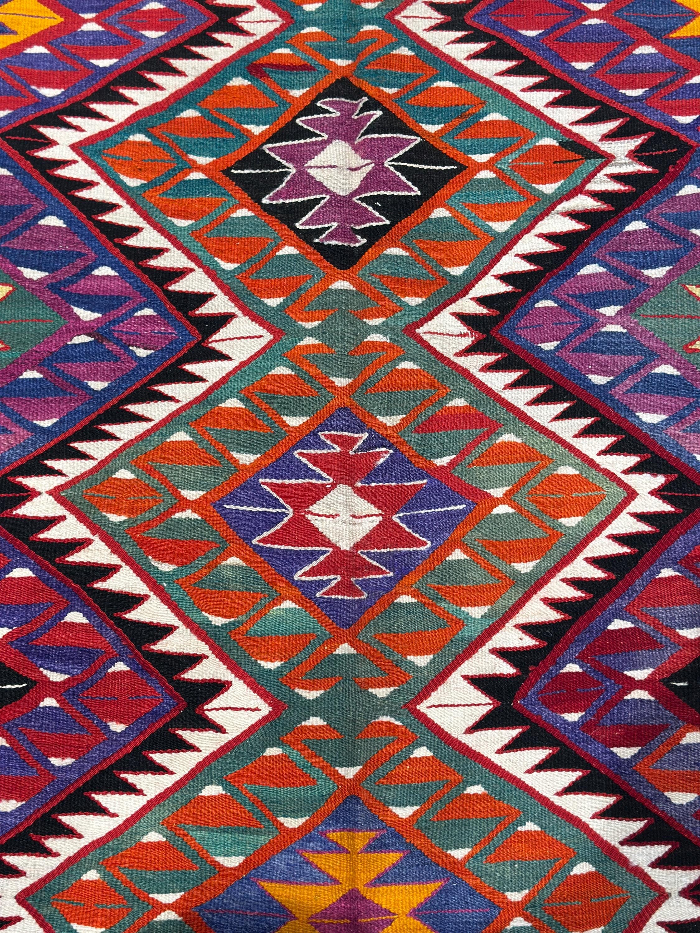 Vintage Turkish Kilim Rug (4.6 x 8 ft) – Handwoven Wool, Geometric Boho Decor