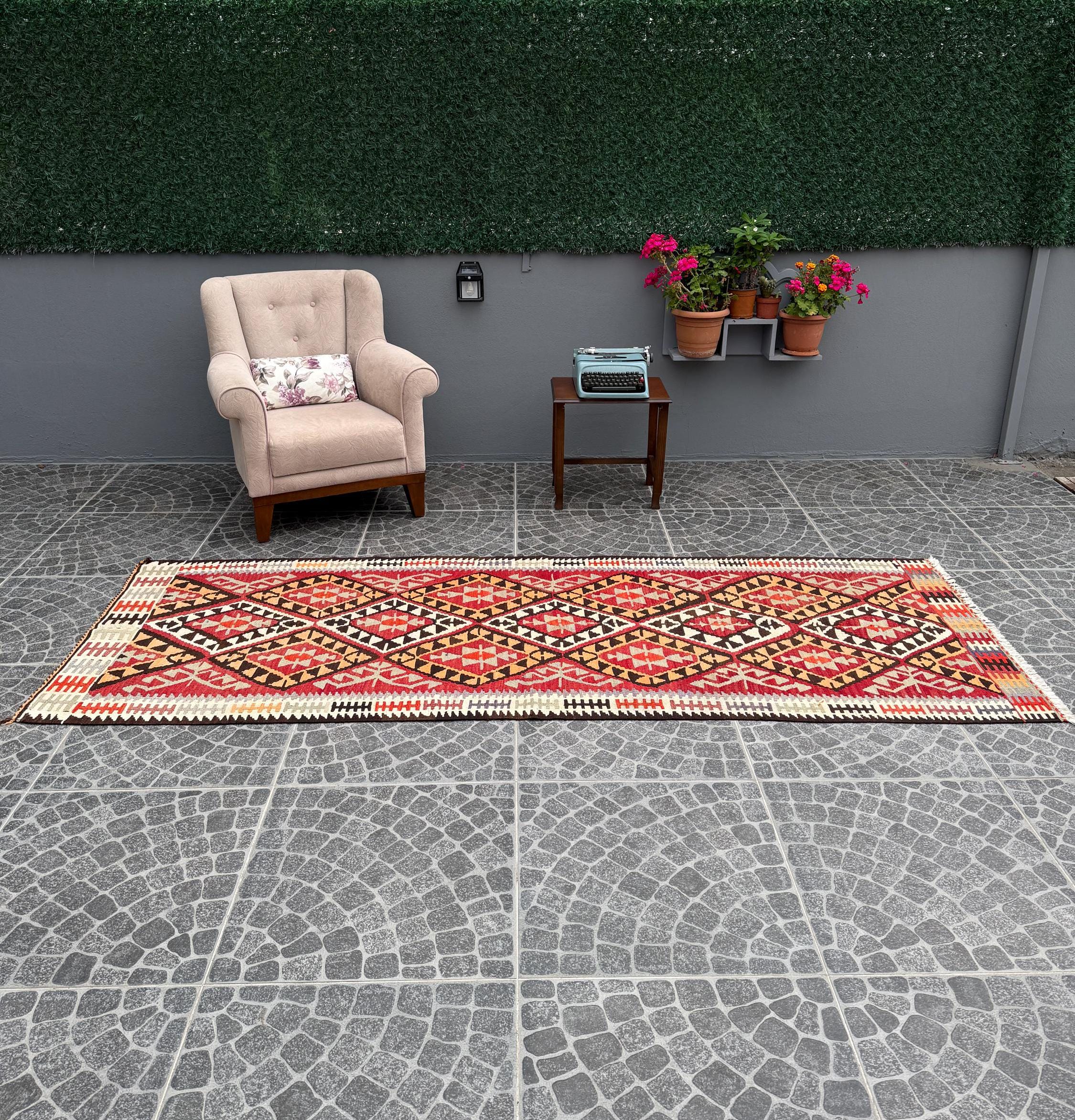 Vintage Handwoven Turkish Kilim Rug: Tarak Motif Wall Hanging (3.44x9.38ft)