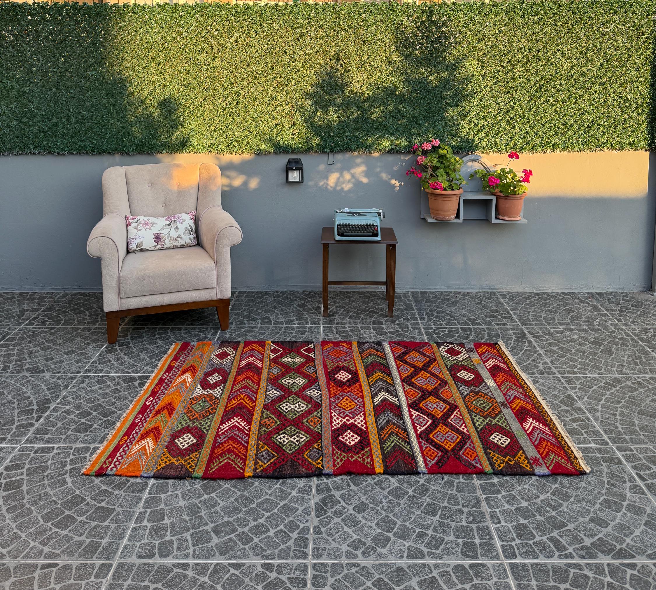 Vintage Turkish Kilim Rug, Handwoven Wool, Bohemian Decor (3.77x6.04 ft)