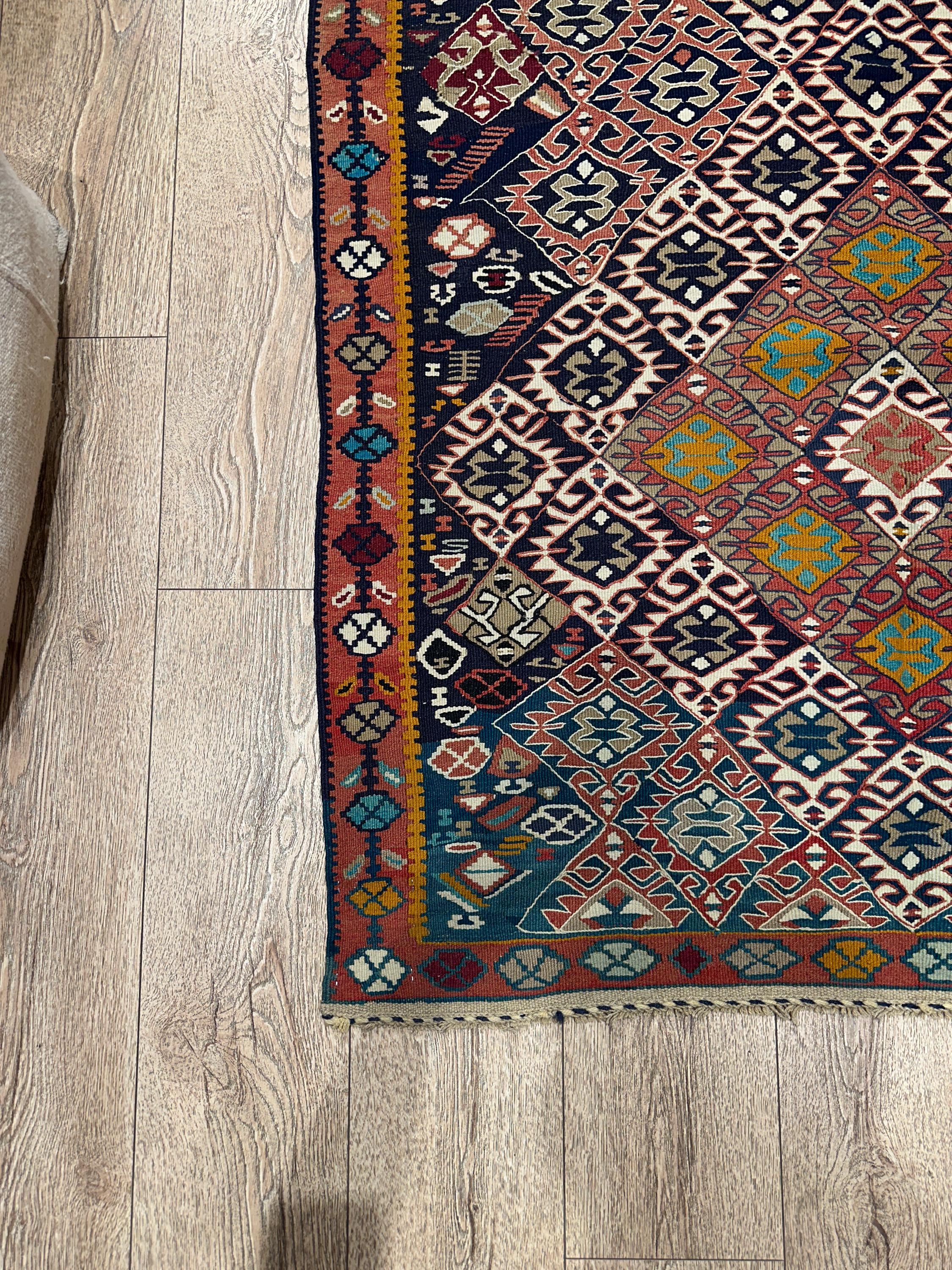 Vintage Turkish Kilim Rug, Handwoven Wool, Tribal Diamond Design (3.8 x 6.2 ft)