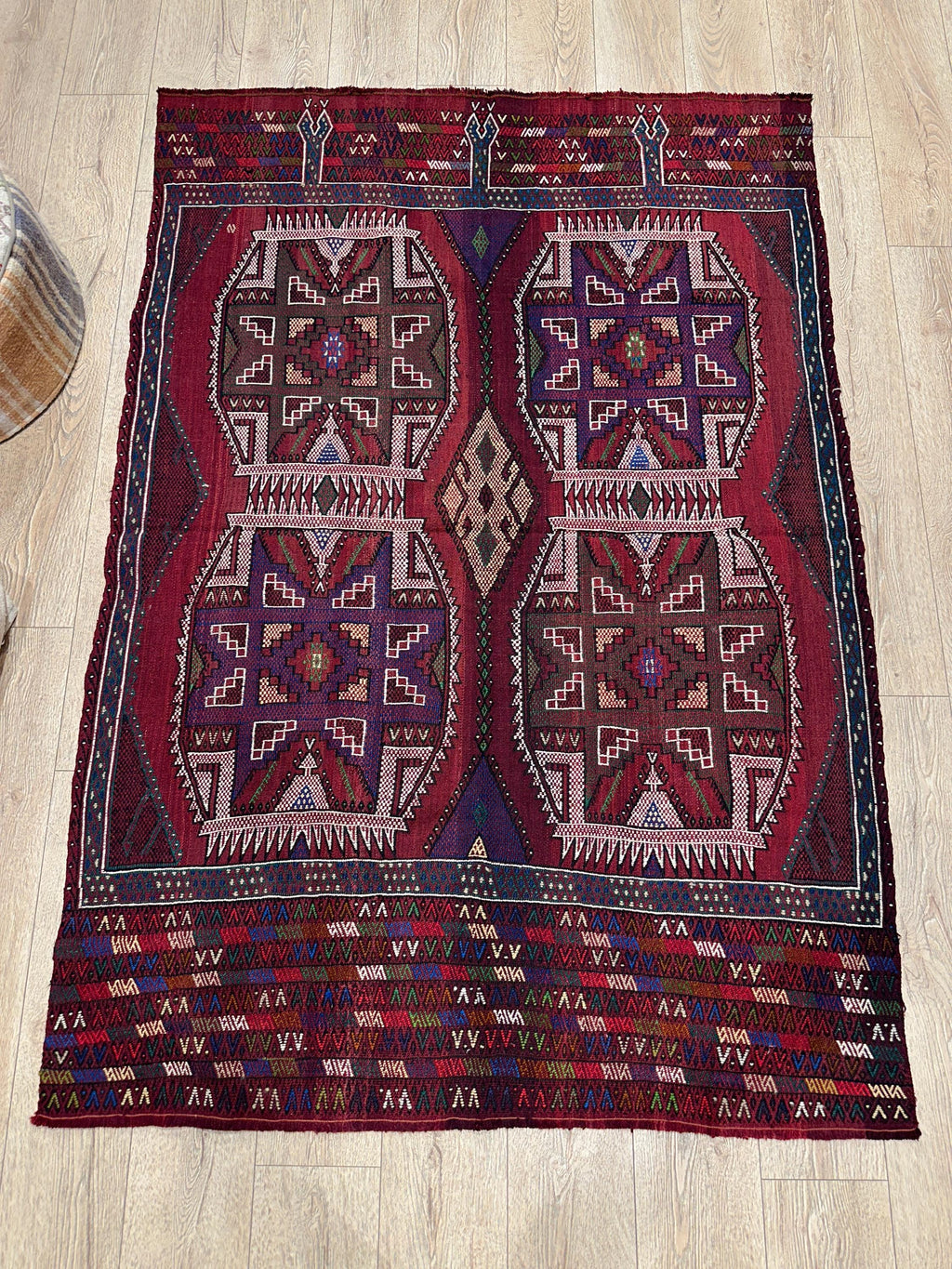 Vintage Turkish Kilim Rug, Handwoven Wool, Geometric Tribal Design (4.46 x 6.56 ft)