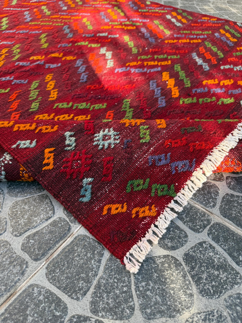 Vintage Afyon Cicim Rug, Handwoven Turkish Kilim, 3.94x4.69 ft