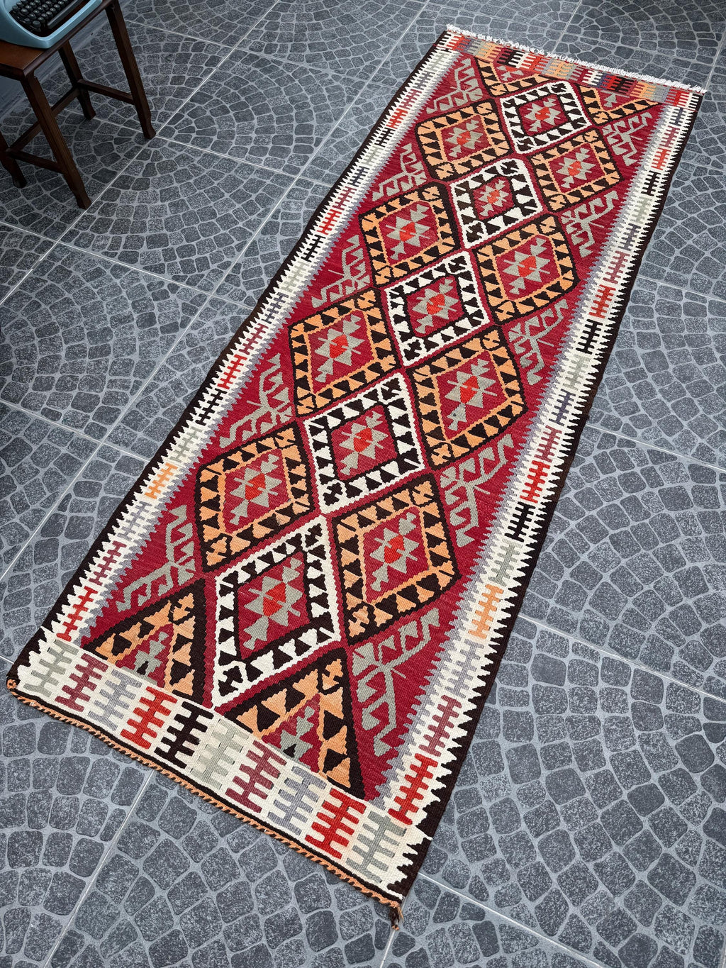 Vintage Handwoven Turkish Kilim Rug: Tarak Motif Wall Hanging (3.44x9.38ft)