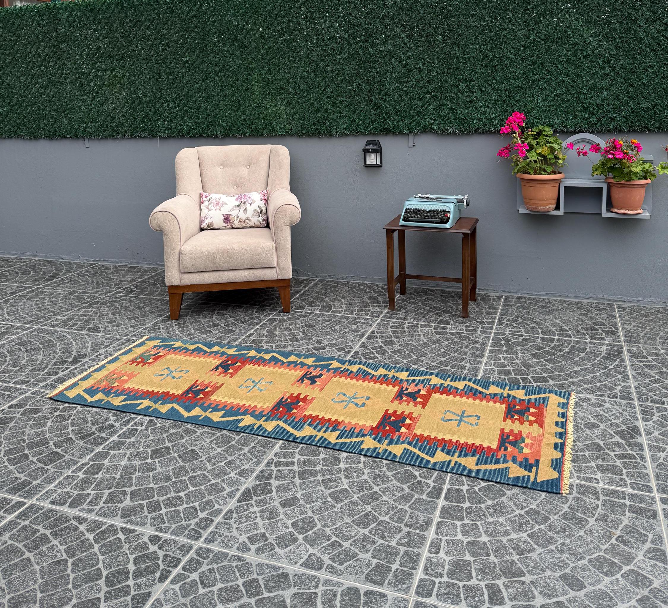 Vintage Turkish Kilim Rug, Handwoven Wool Runner (2.30x6.60 ft)