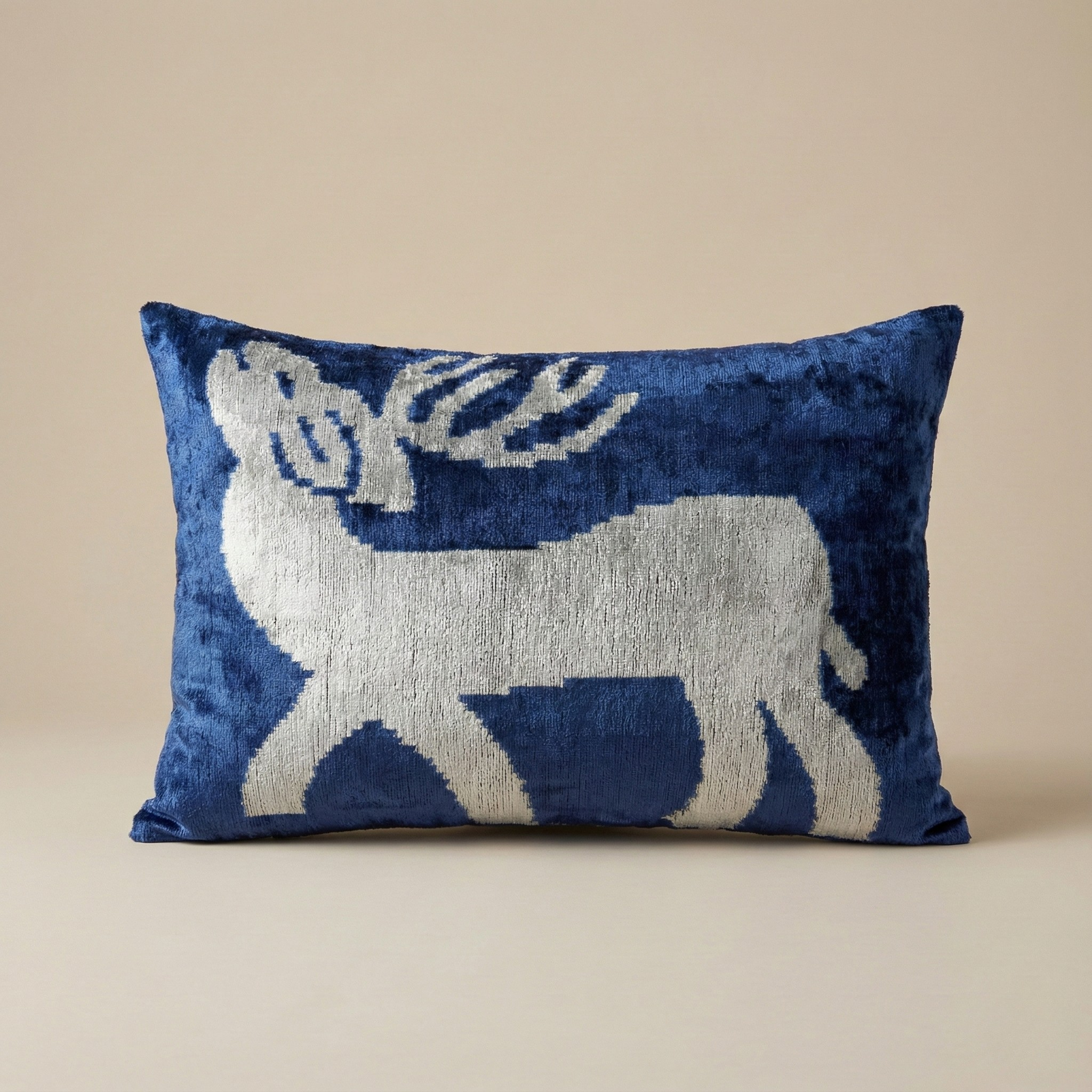 White Deer Motif on Navy Blue Velvet Pillow Cover 16x24