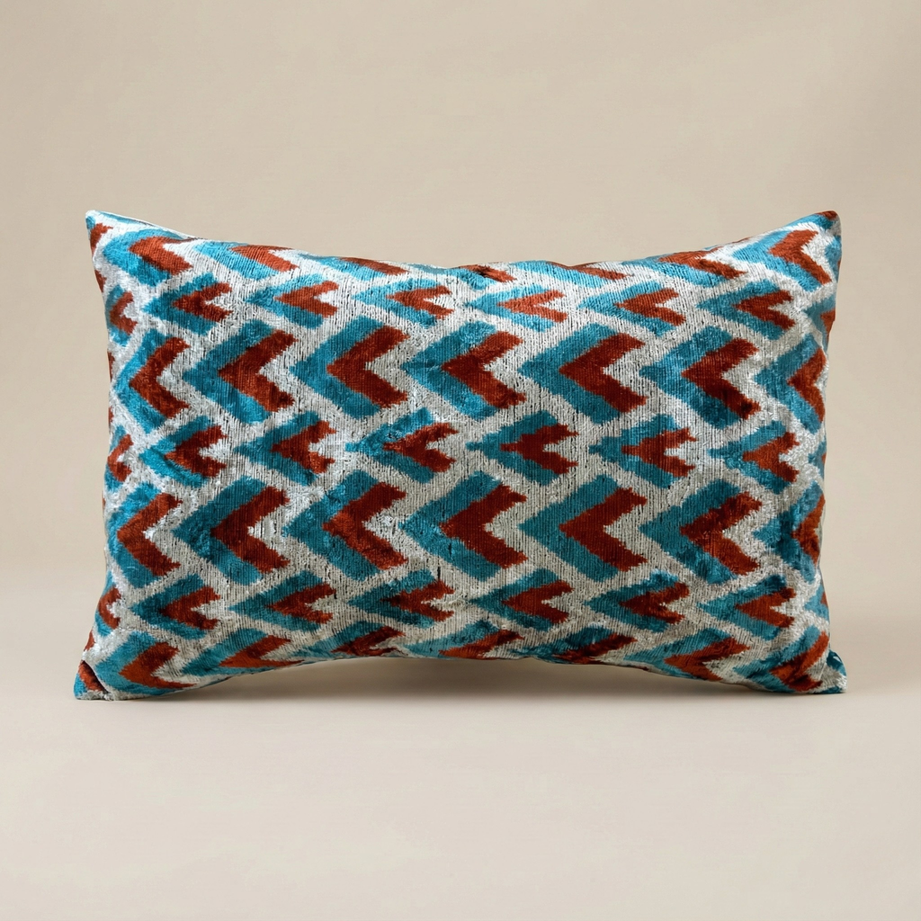 Blue and Rust Chevron Velvet Pillow Cover 16x24