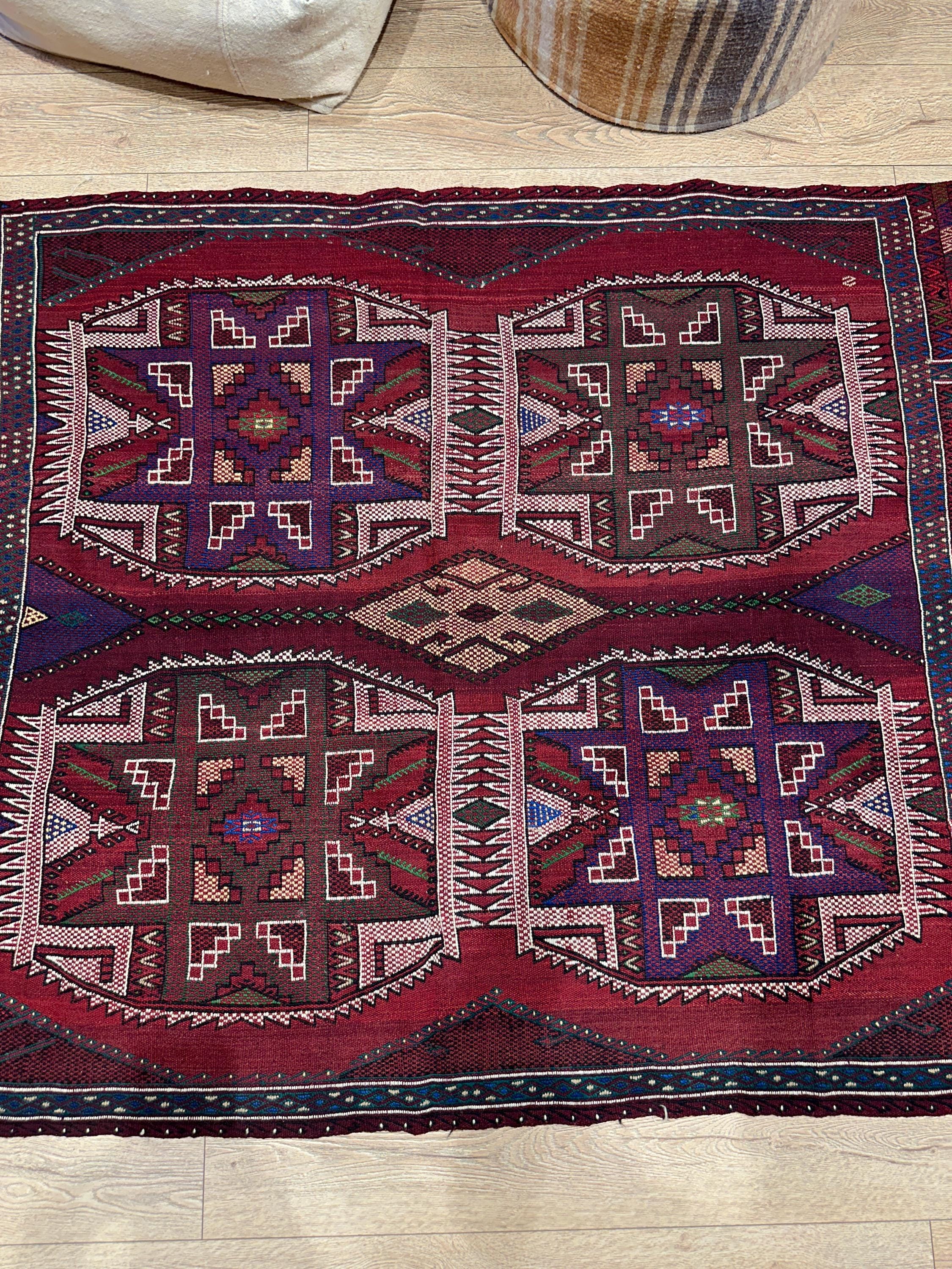 Vintage Turkish Kilim Rug, Handwoven Wool, Geometric Tribal Design (4.46 x 6.56 ft)