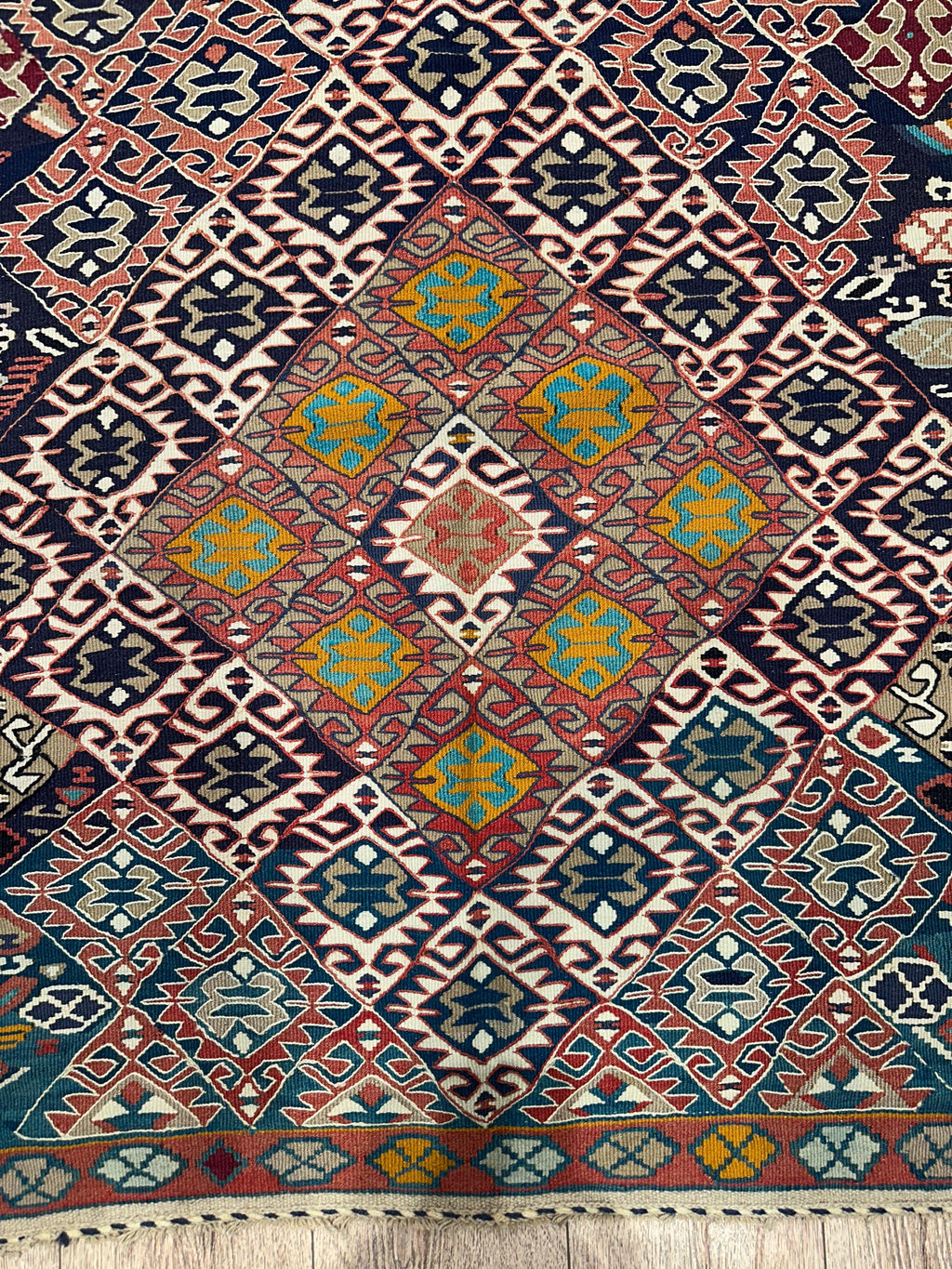 Vintage Turkish Kilim Rug, Handwoven Wool, Tribal Diamond Design (3.8 x 6.2 ft)