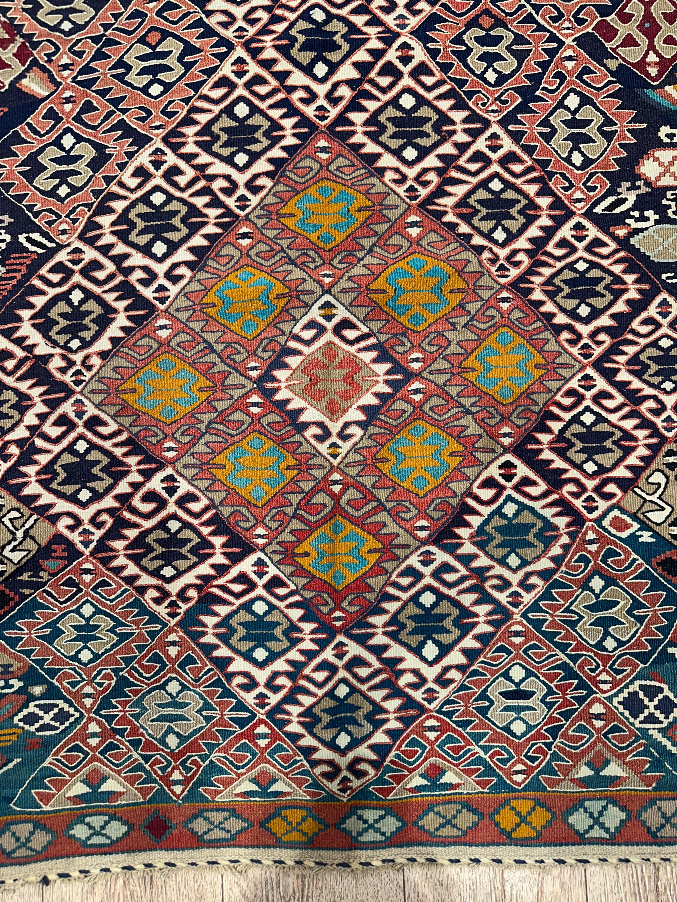 Vintage Turkish Kilim Rug, Handwoven Wool, Tribal Diamond Design (3.8 x 6.2 ft)