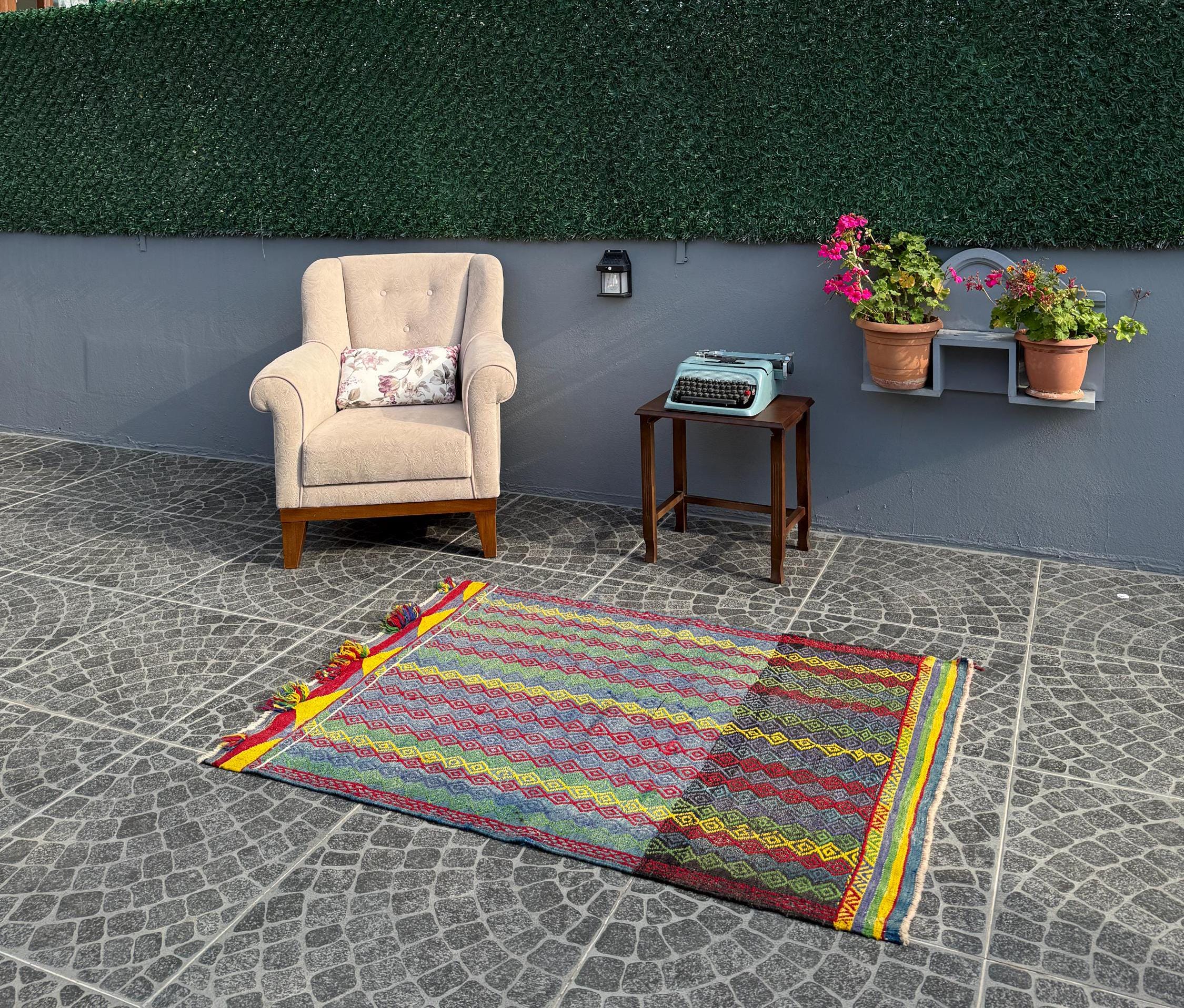 Vintage Cicim Kilim Rug, Turkish Wool, Bohemian Decor (3.41x4.76 ft)