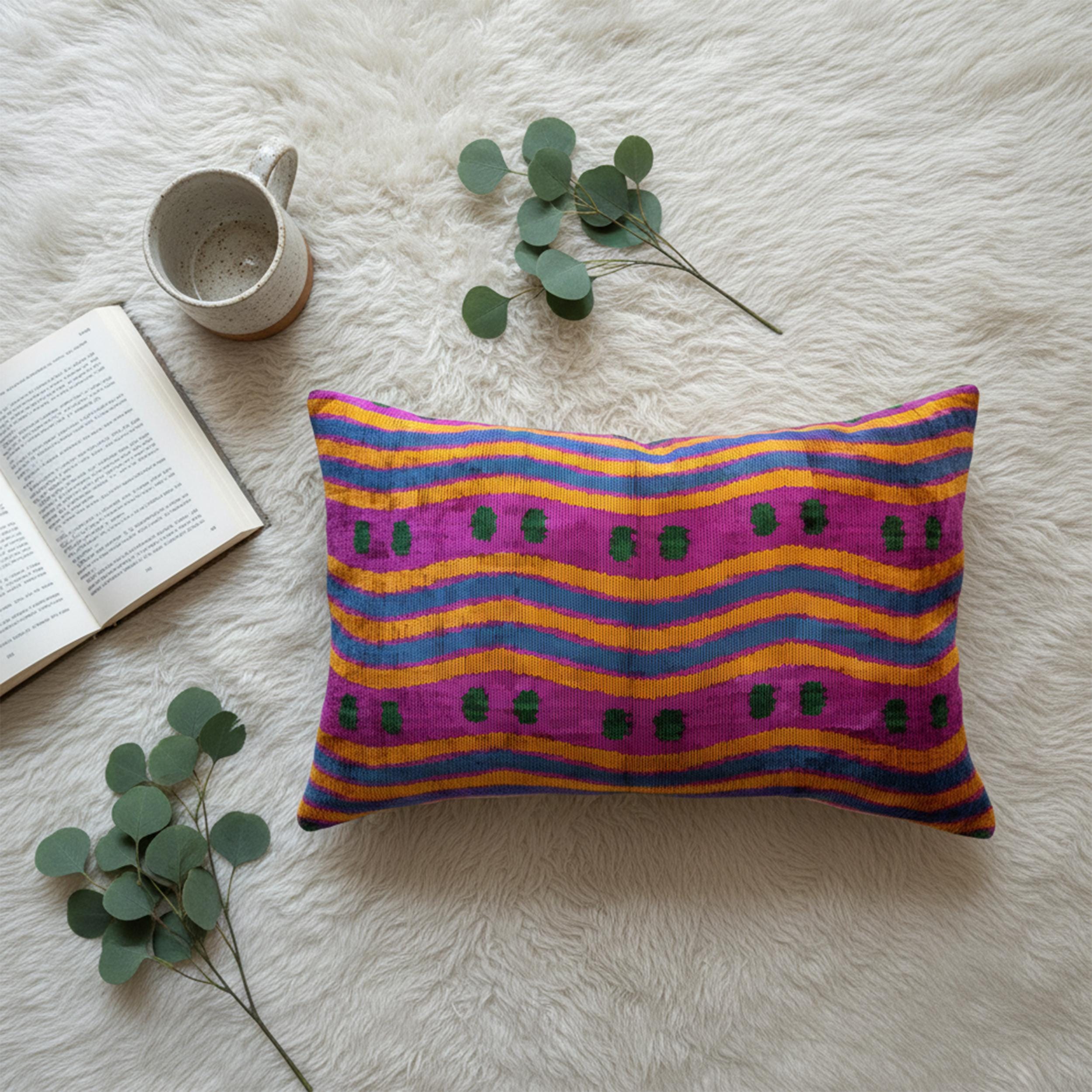 Pink Yellow Green Wavy Velvet Pillow Cover 16x24