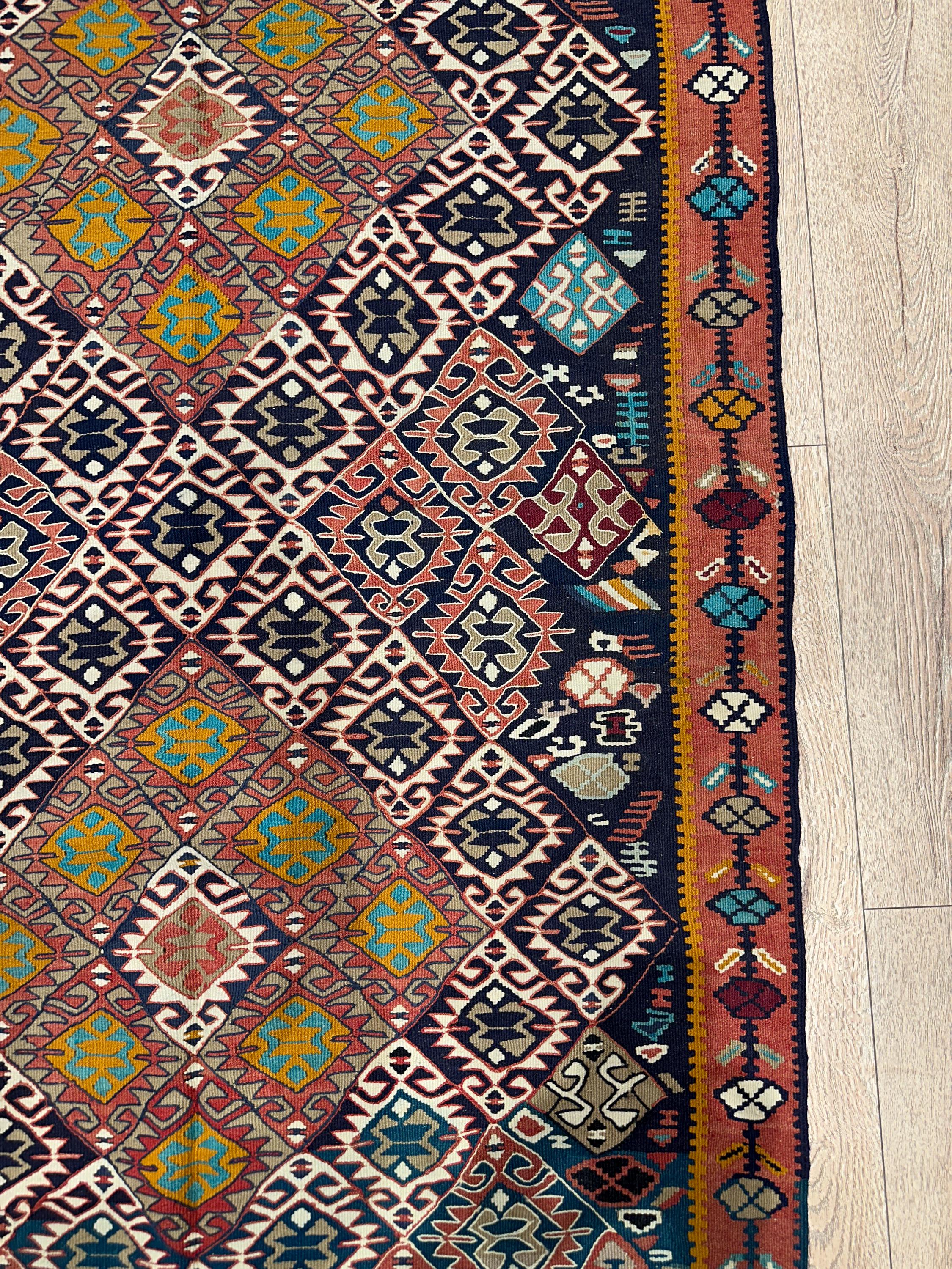 Vintage Turkish Kilim Rug, Handwoven Wool, Tribal Diamond Design (3.8 x 6.2 ft)