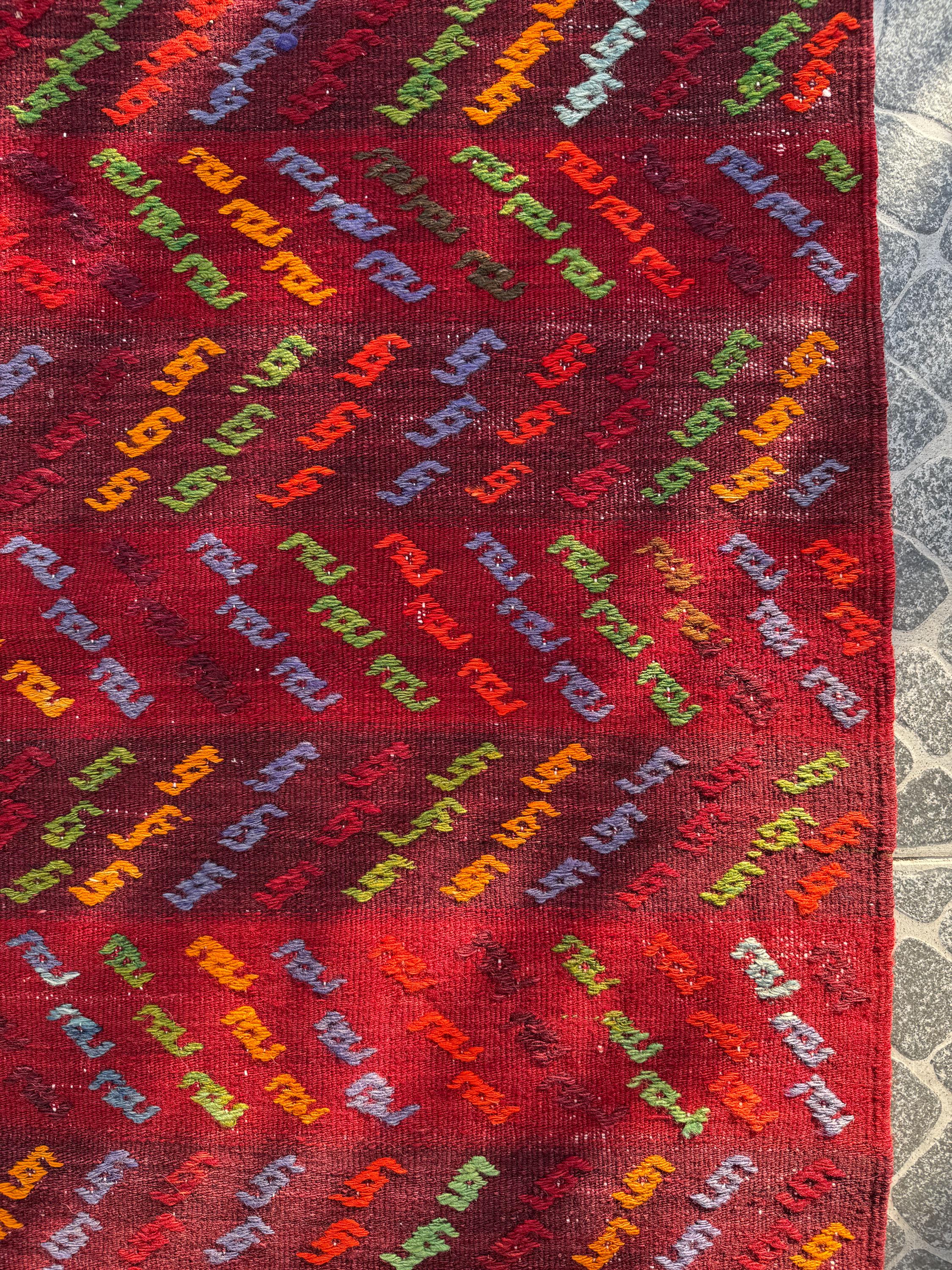 Vintage Afyon Cicim Rug, Handwoven Turkish Kilim, 3.94x4.69 ft