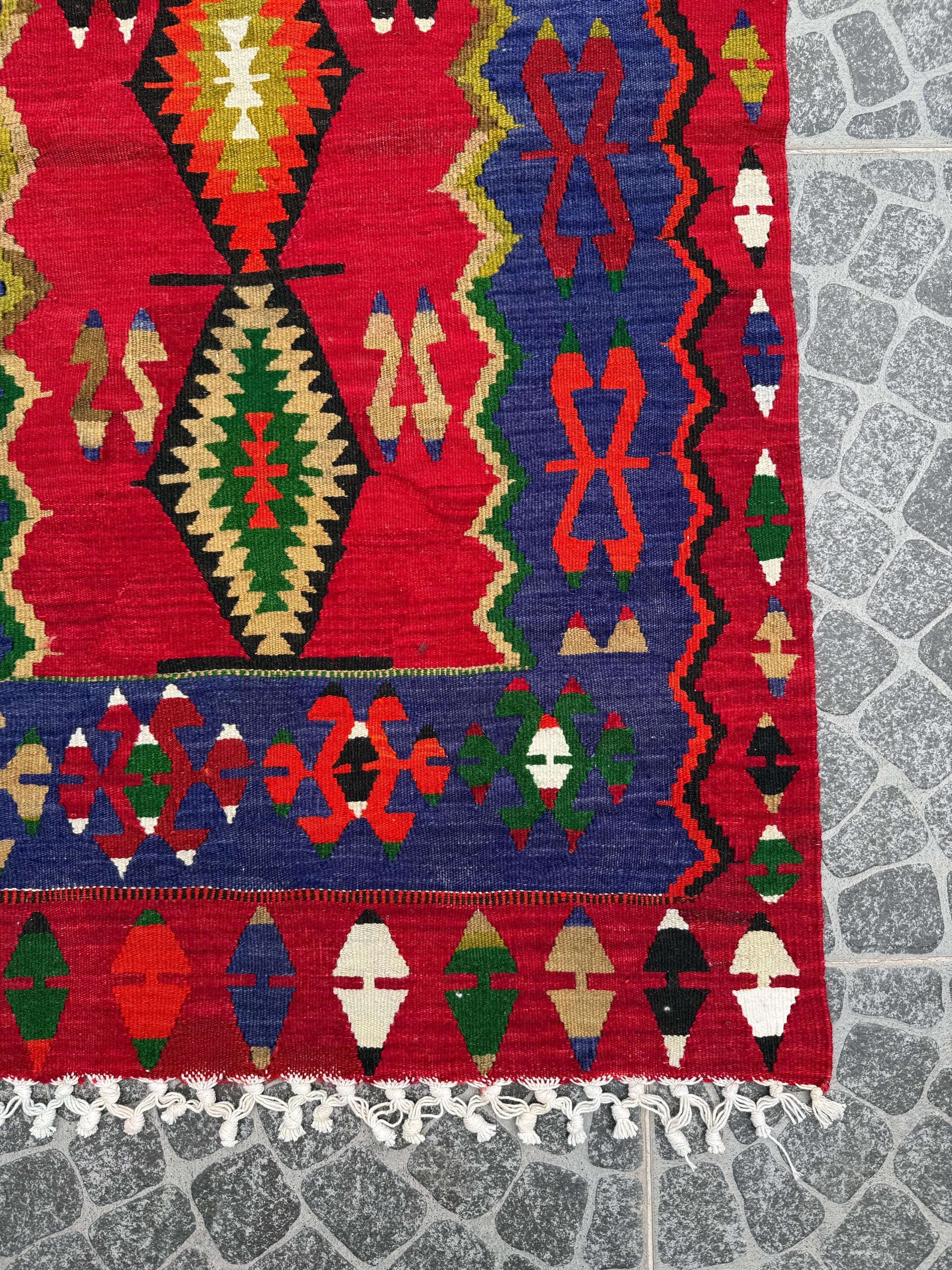 Vintage Turkish Afyon Kilim Rug | Bold Red & Blue Geometric Wall Hanging (2.72x4.36 ft)