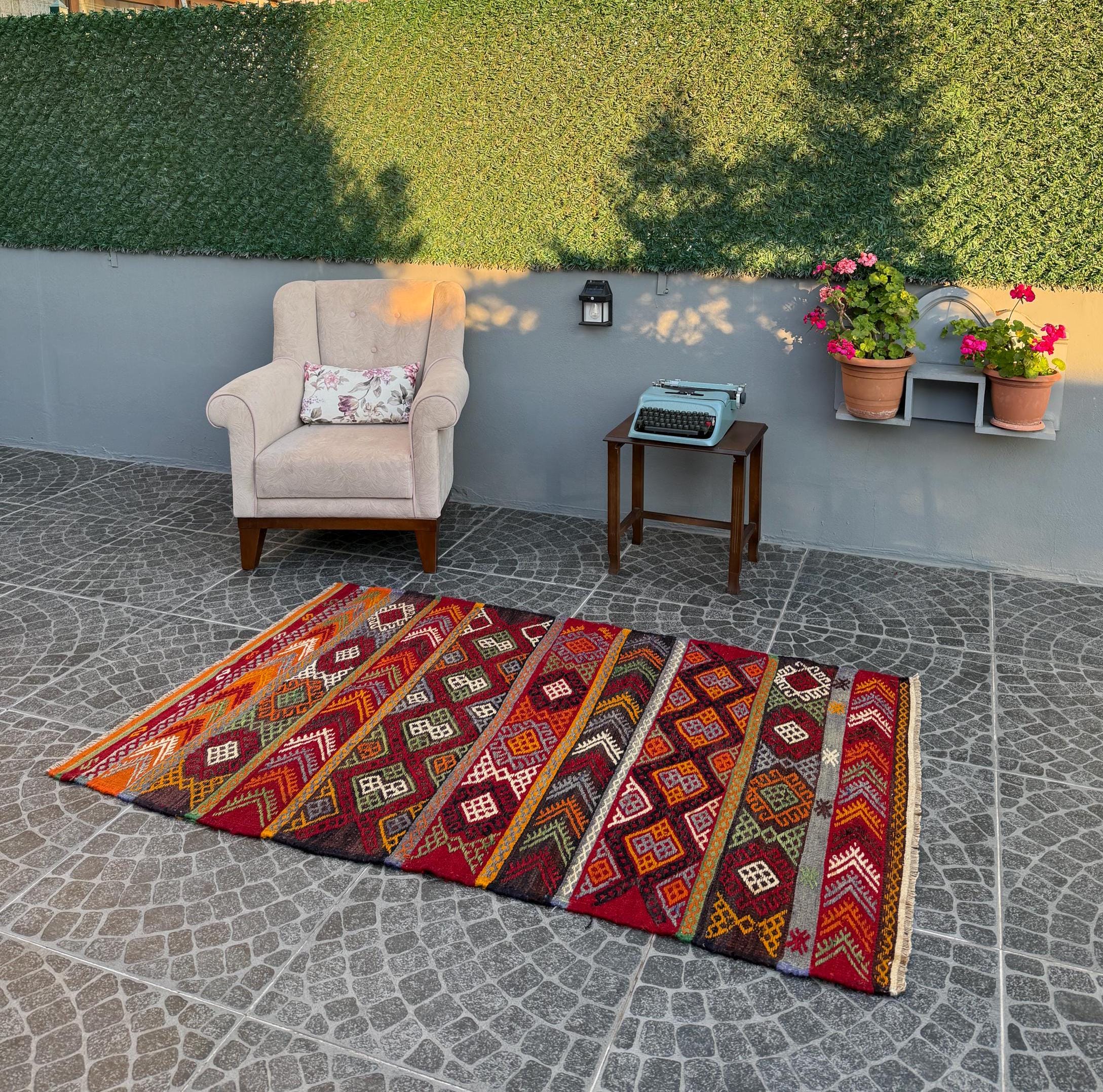 Vintage Turkish Kilim Rug, Handwoven Wool, Bohemian Decor (3.77x6.04 ft)