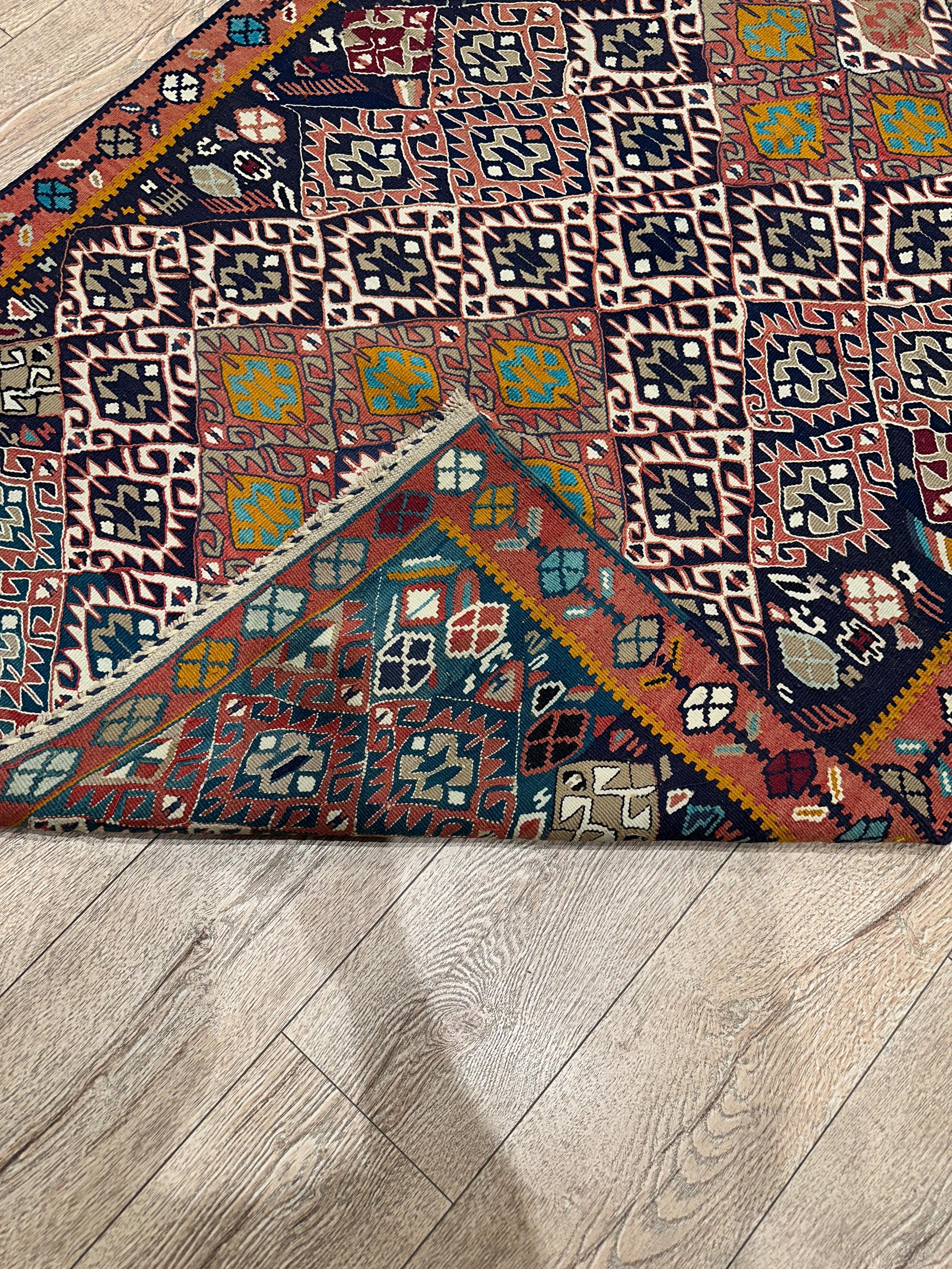 Vintage Turkish Kilim Rug, Handwoven Wool, Tribal Diamond Design (3.8 x 6.2 ft)