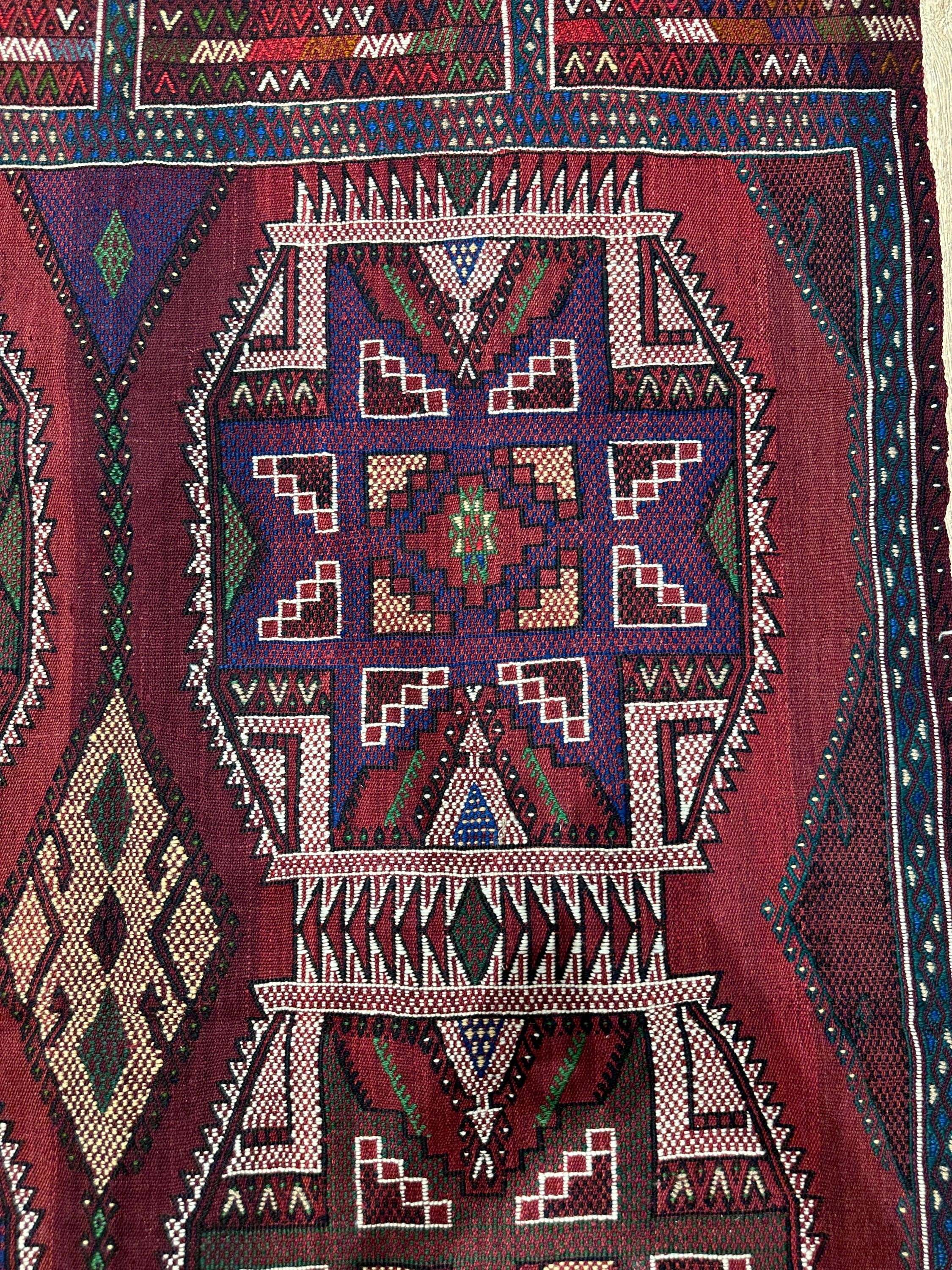 Vintage Turkish Kilim Rug, Handwoven Wool, Geometric Tribal Design (4.46 x 6.56 ft)