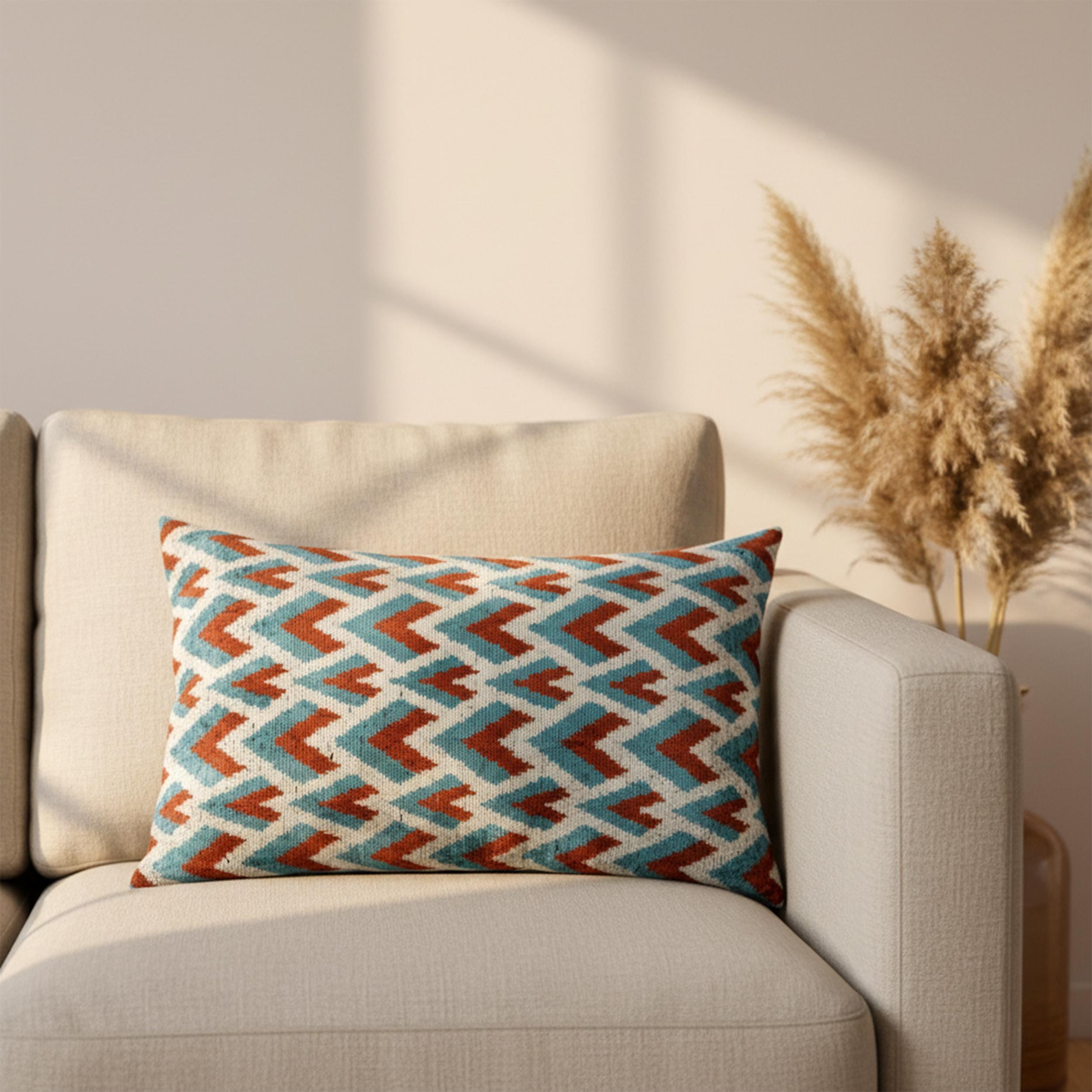 Blue and Rust Chevron Velvet Pillow Cover 16x24