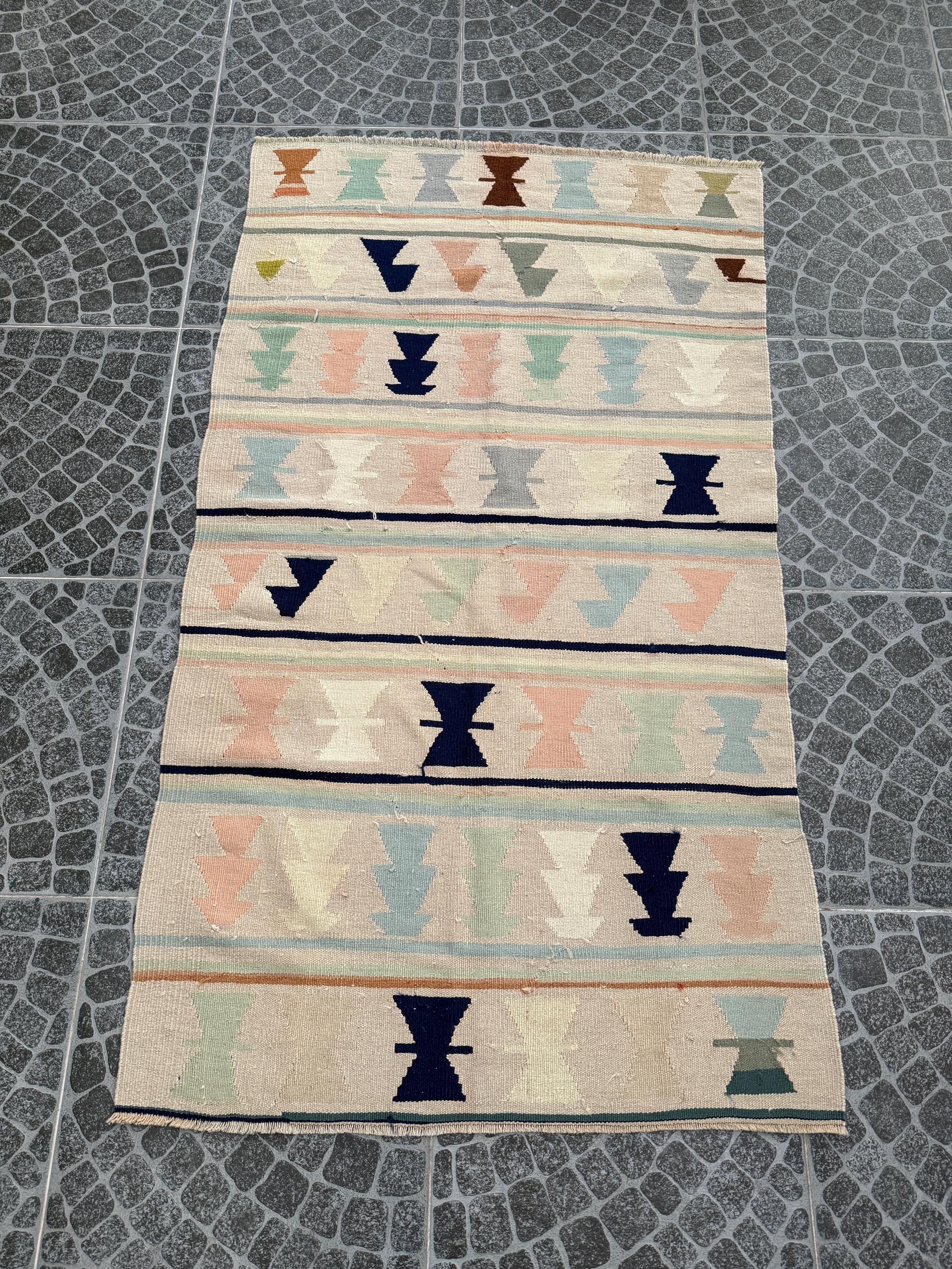 Vintage Turkish Kilim Rug, Handwoven Wool, Boho Decor (3.84x6.73 ft)