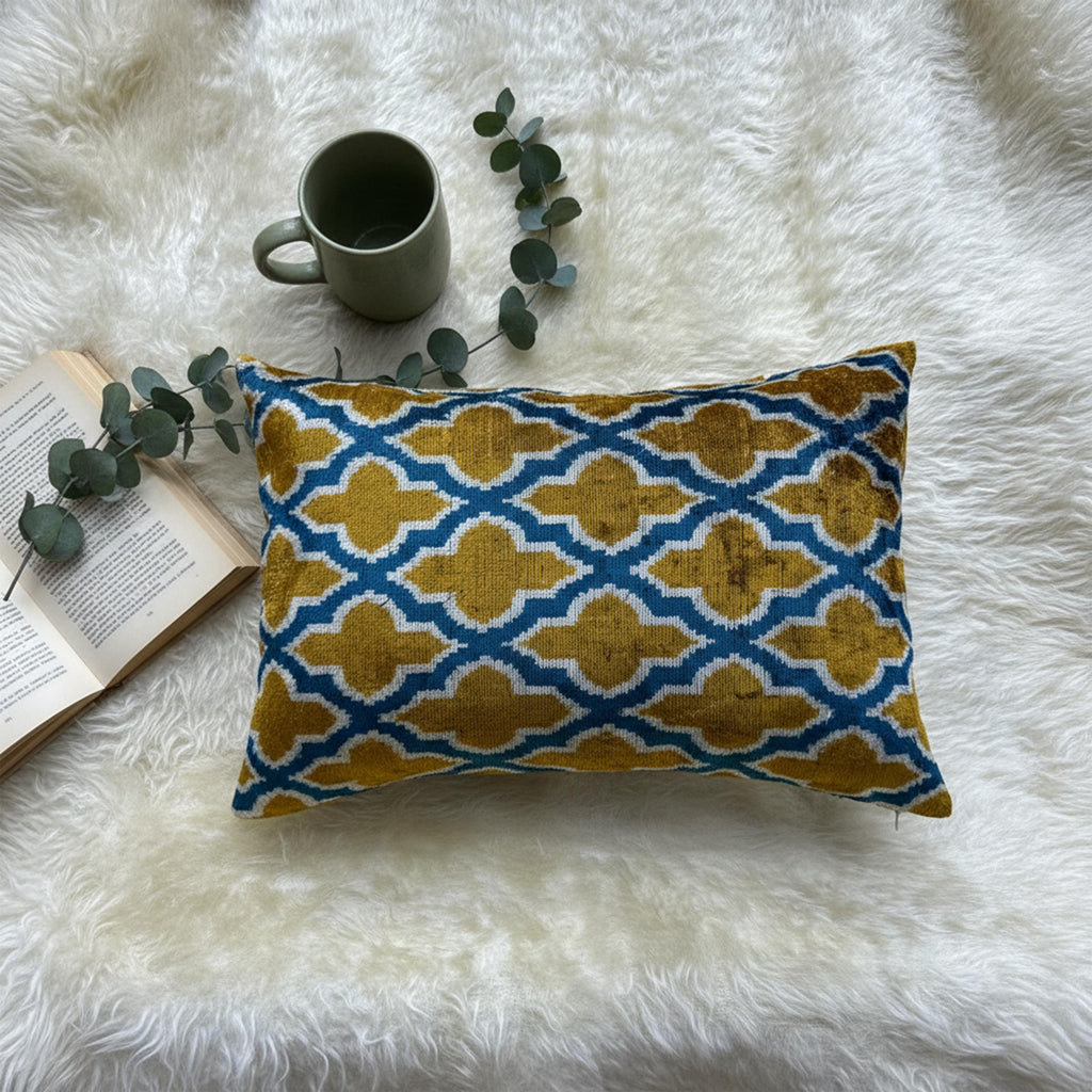 Mustard Yellow & Blue Ikat Pillow Cover 16x24