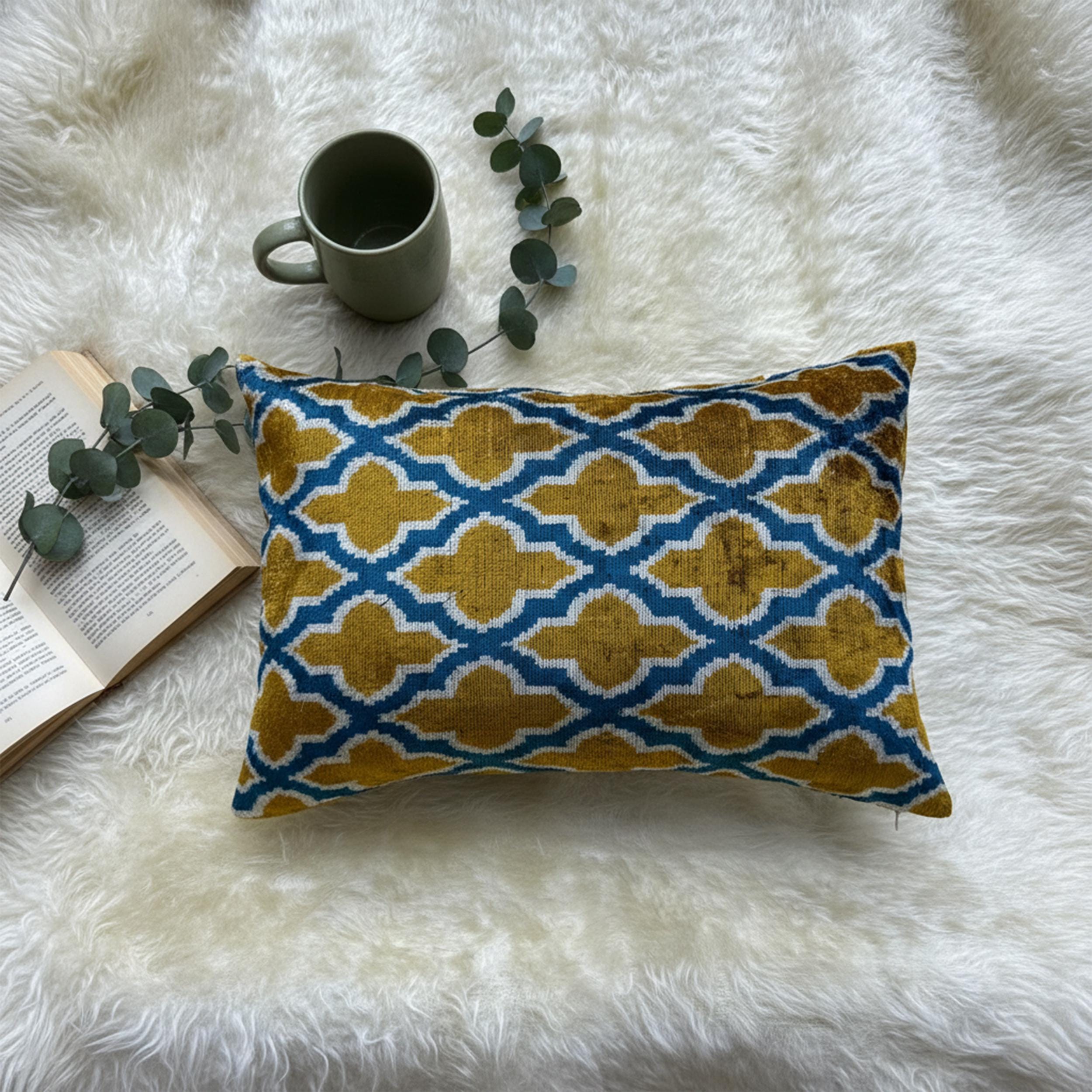 Mustard Yellow & Blue Ikat Pillow Cover 16x24