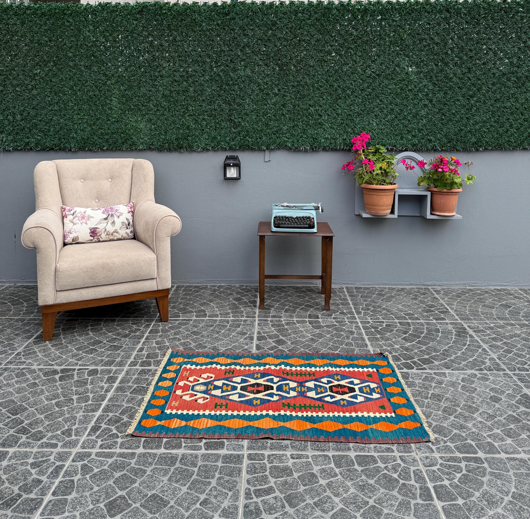 Vintage Turkish Kilim Rug, Handwoven Wool, Scorpion Motif (2.23x3.58 ft)