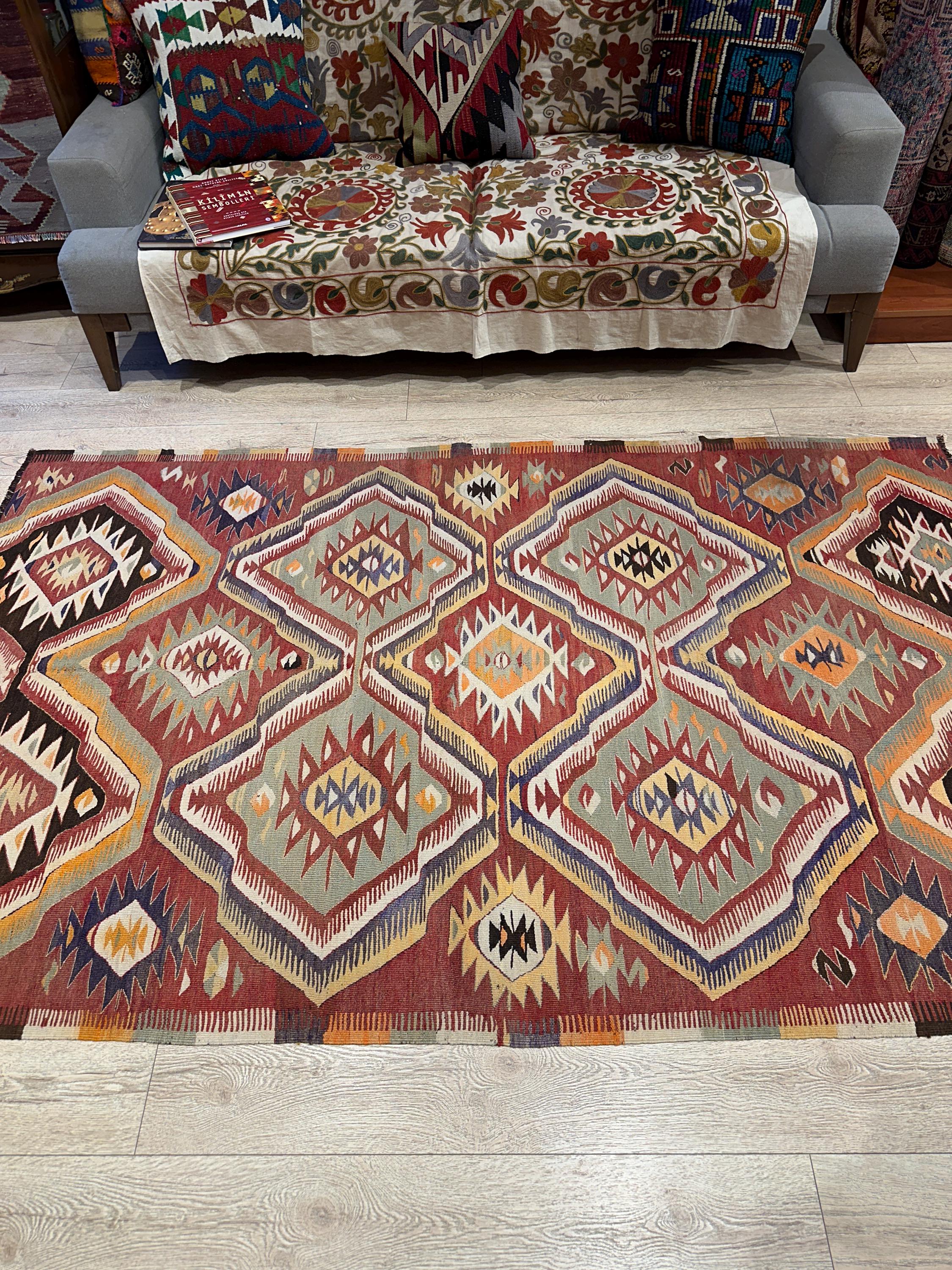 Vintage Turkish Kilim Rug, Handwoven Wool, Boho Tribal Decor (4.8 x 7.8 ft)