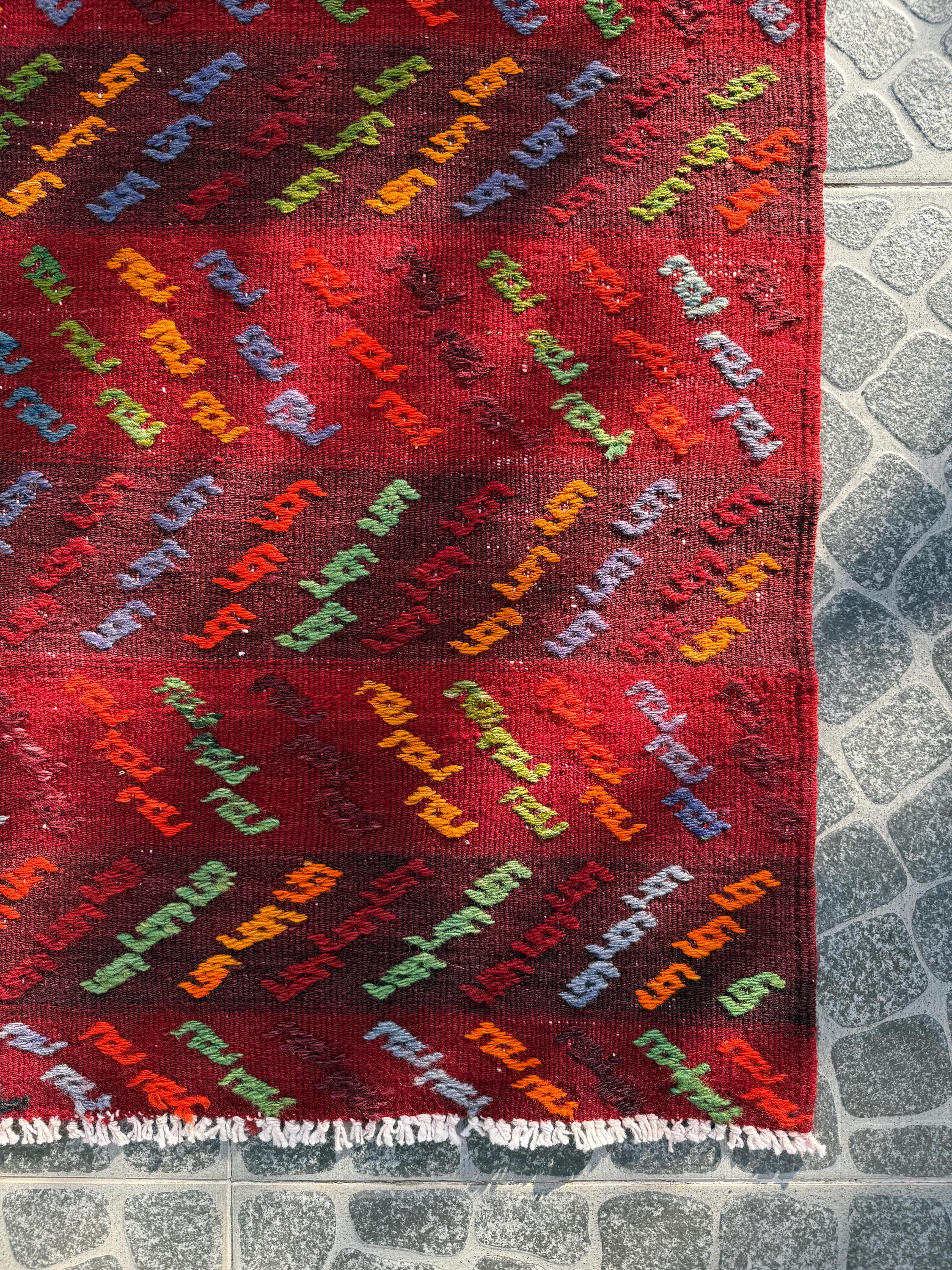 Vintage Afyon Cicim Rug, Handwoven Turkish Kilim, 3.94x4.69 ft