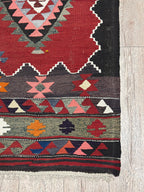 Vintage Turkish Kilim Rug – 4.6 x 7.4 ft, Red Black Geometric Wool Rug