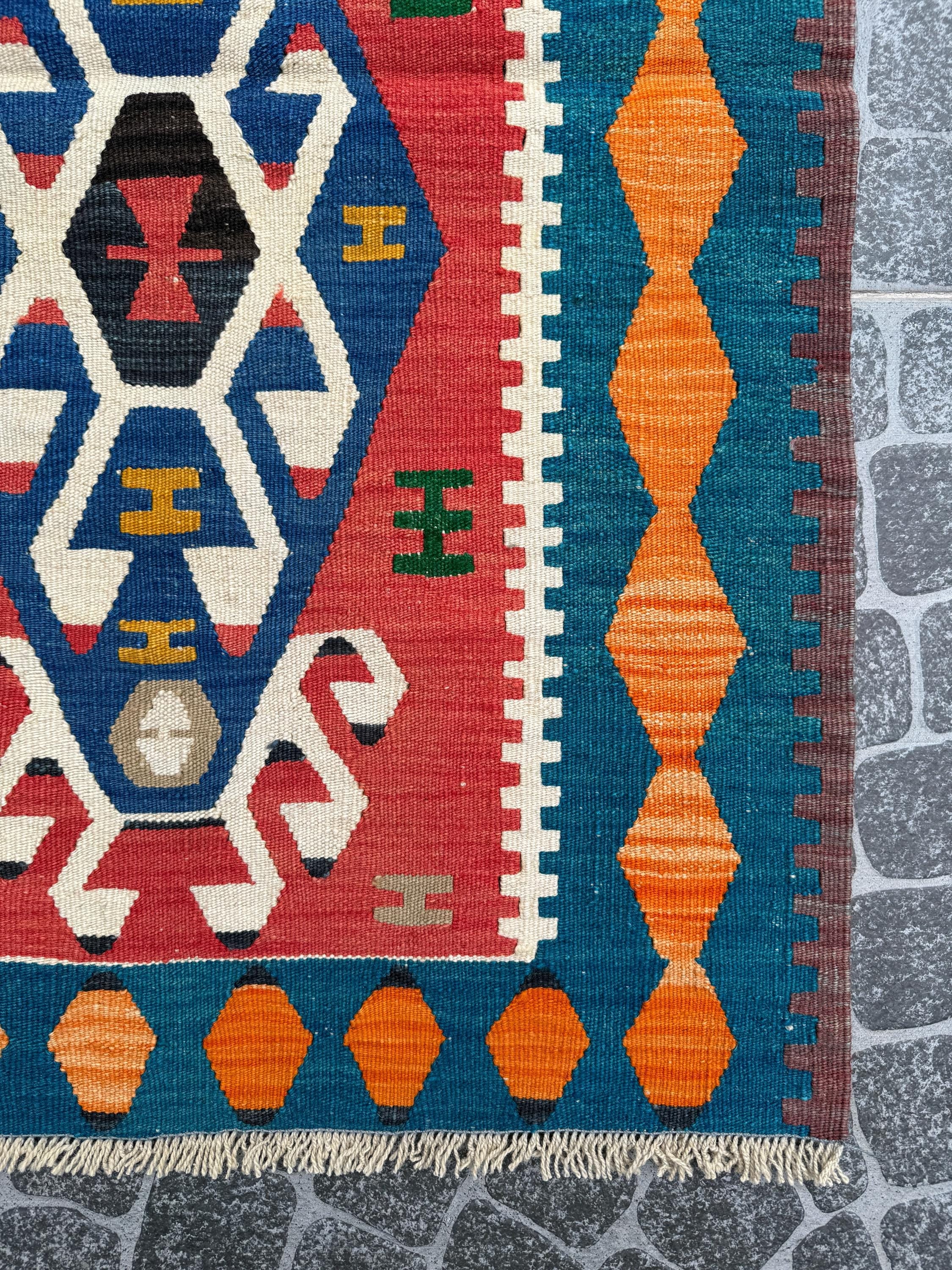 Vintage Turkish Kilim Rug, Handwoven Wool, Scorpion Motif (2.23x3.58 ft)