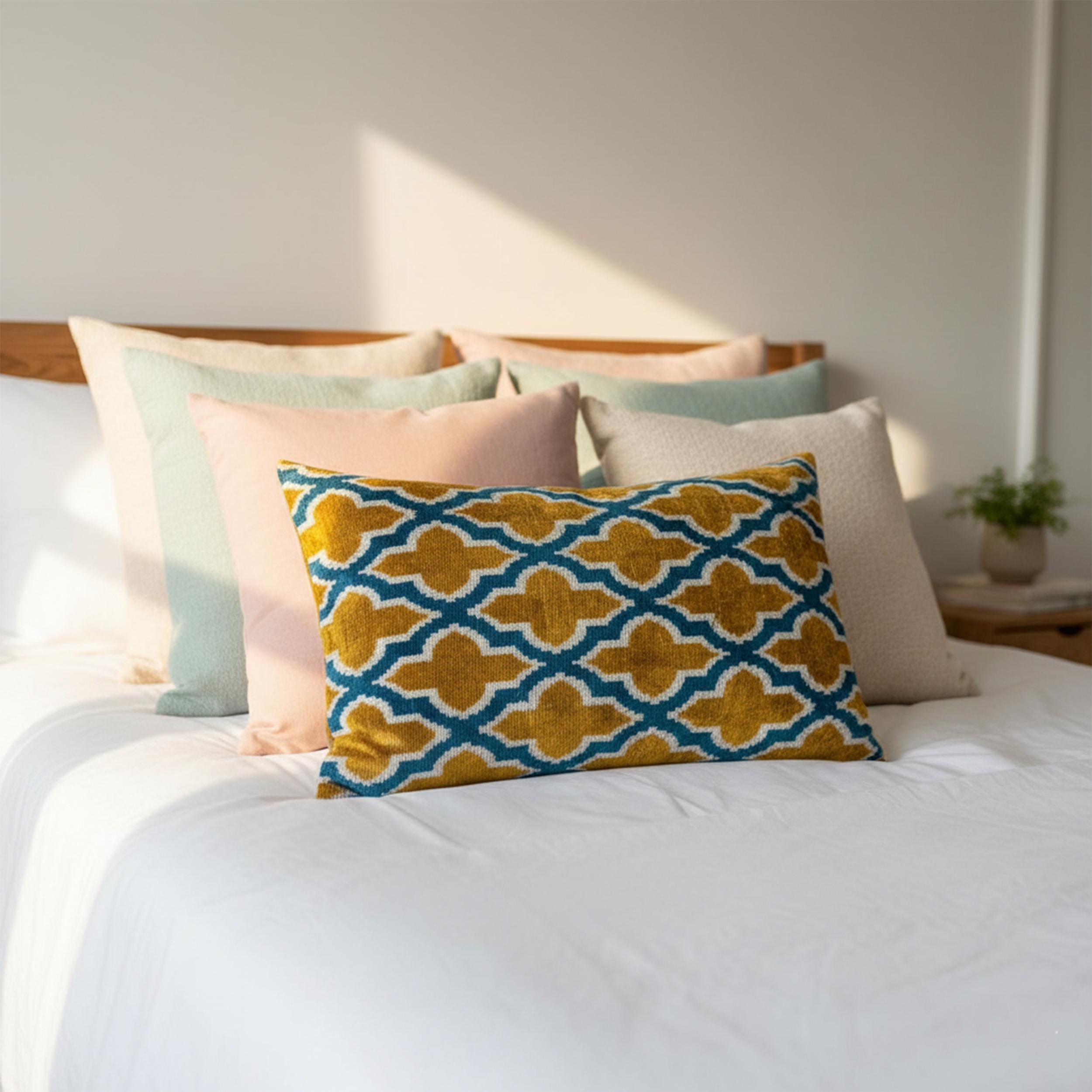 Mustard Yellow & Blue Ikat Pillow Cover 16x24