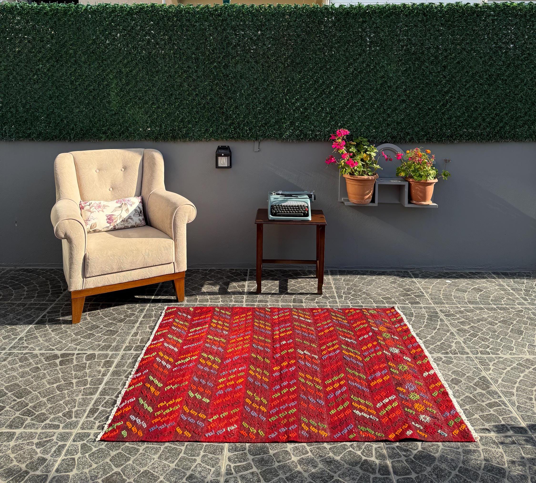 Vintage Afyon Cicim Rug, Handwoven Turkish Kilim, 3.94x4.69 ft