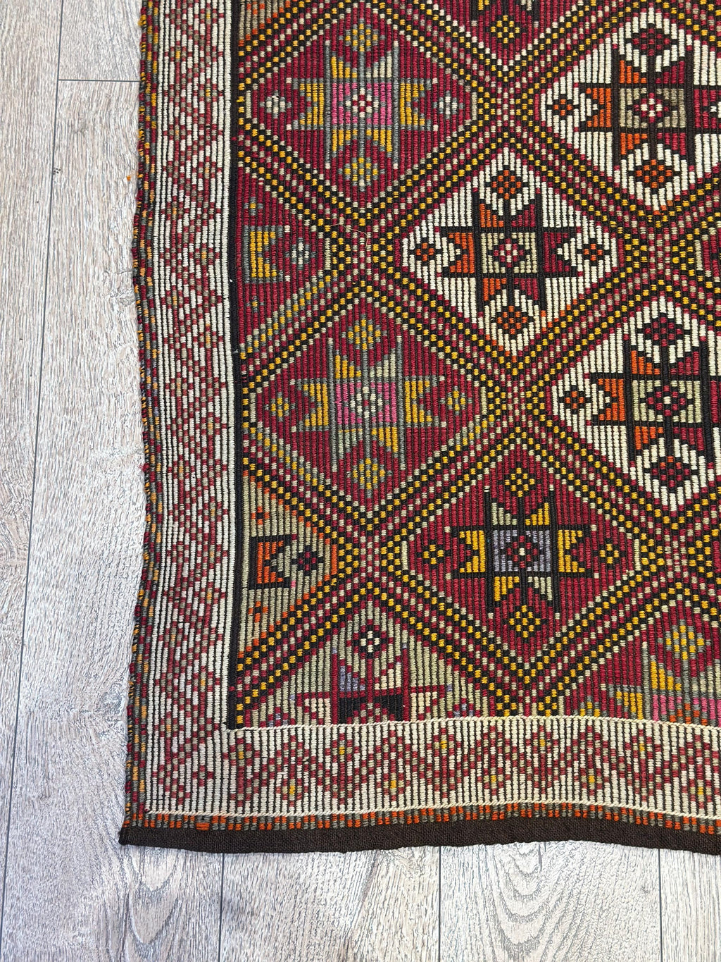 Vintage Turkish Kilim Rug – 4.6 x 8.2 ft, Handwoven Wool Star Diamond