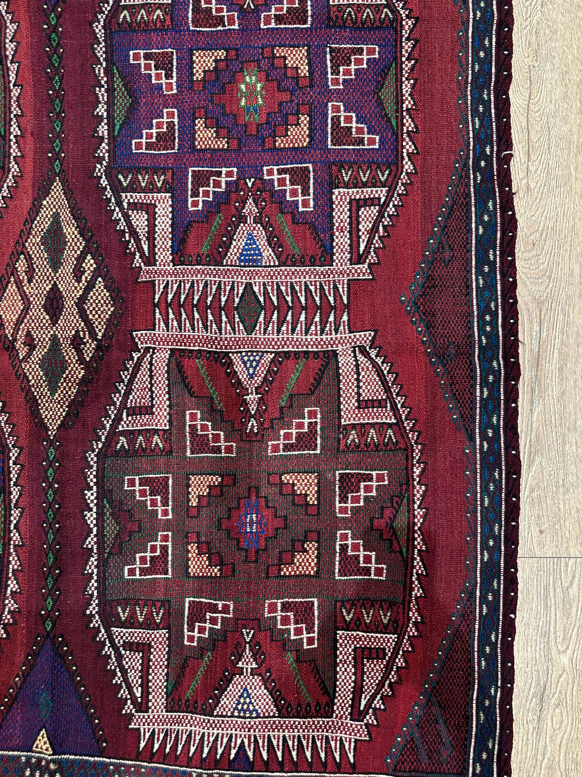 Vintage Turkish Kilim Rug, Handwoven Wool, Geometric Tribal Design (4.46 x 6.56 ft)