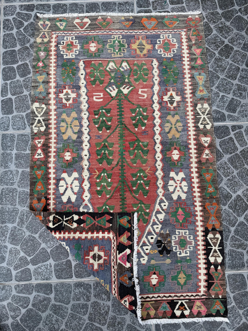 Vintage Turkish Kilim Rug, Tree of Life, Handwoven Wool (2.53x4.20 ft)