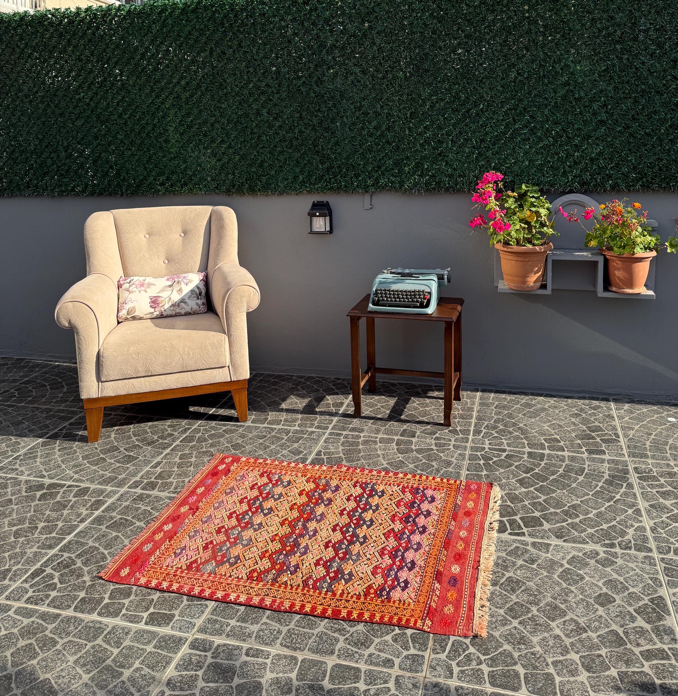 Vintage Afyon Cicim Rug, Handwoven Wool, Turkish Boho Decor (2.56x3.48 ft)