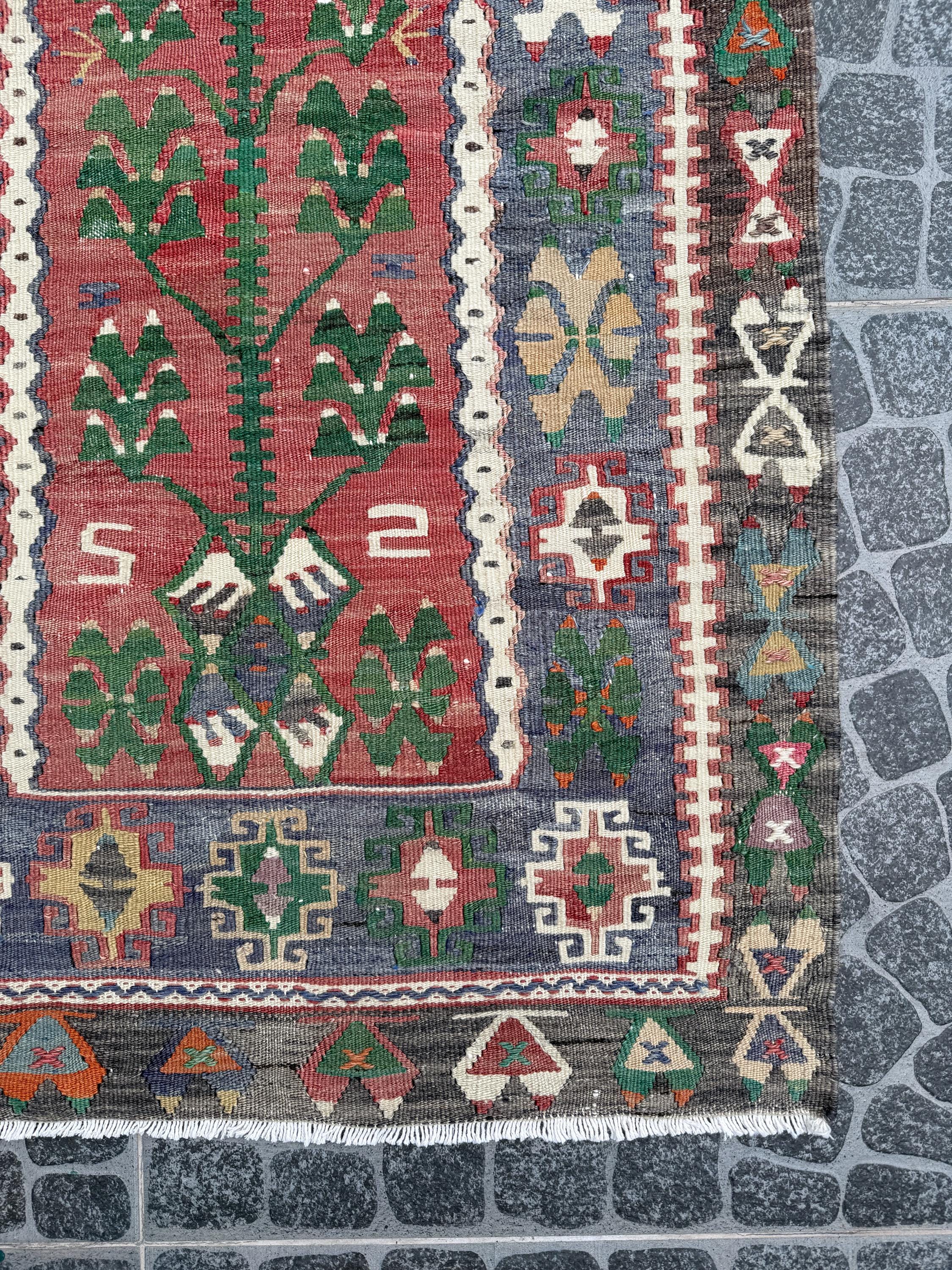 Vintage Turkish Kilim Rug, Tree of Life, Handwoven Wool (2.53x4.20 ft)