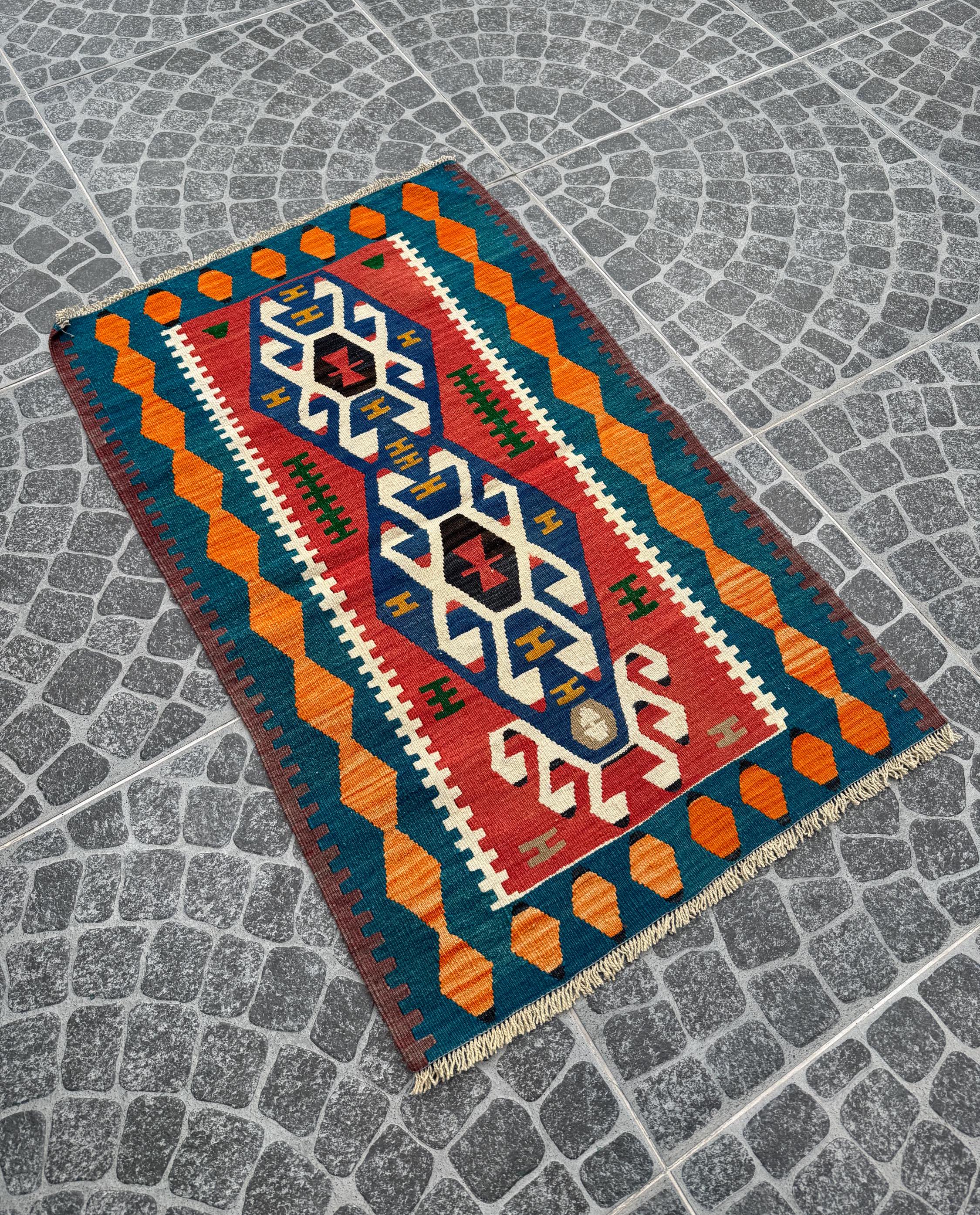 Vintage Turkish Kilim Rug, Handwoven Wool, Scorpion Motif (2.23x3.58 ft)