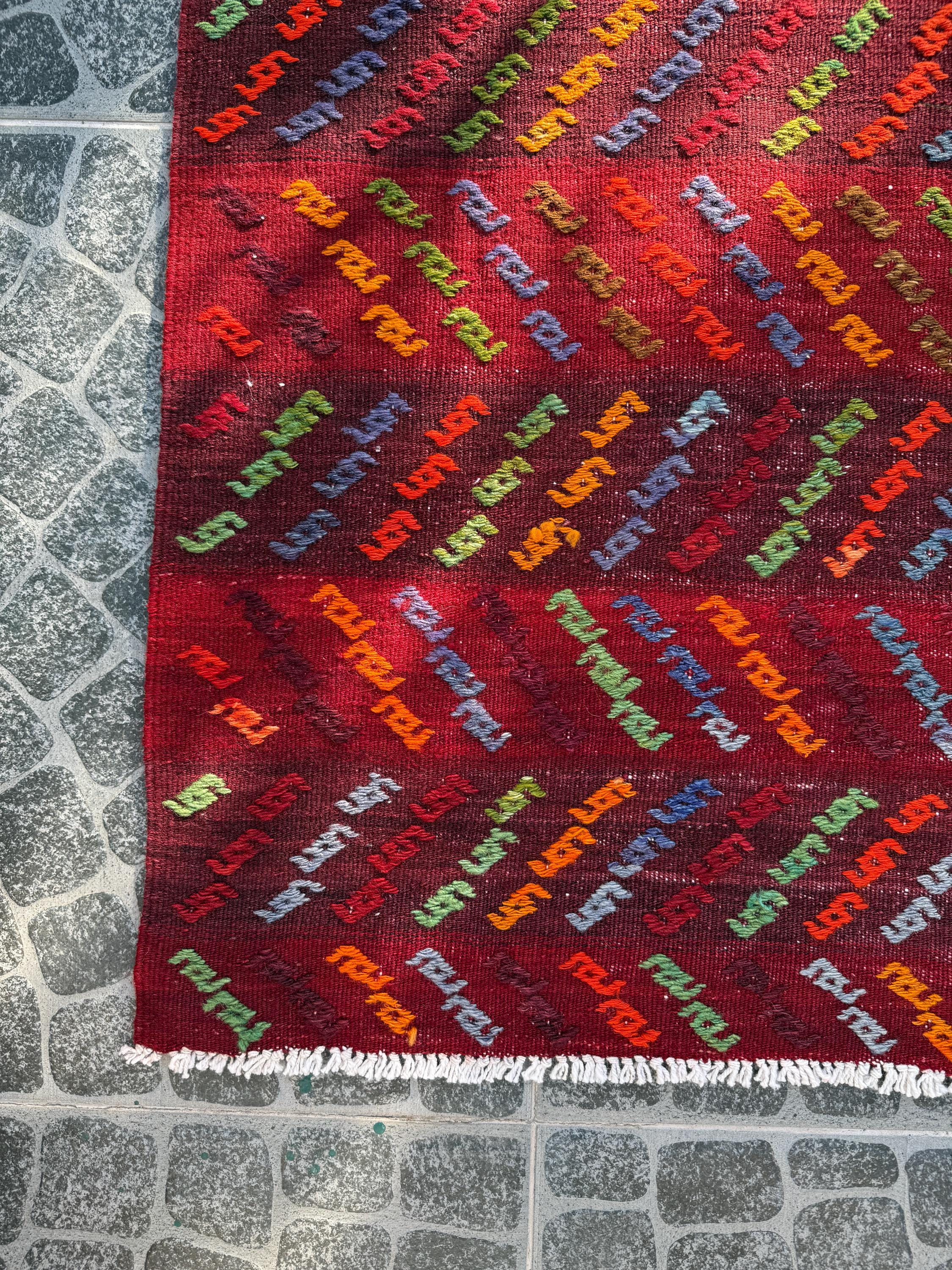 Vintage Afyon Cicim Rug, Handwoven Turkish Kilim, 3.94x4.69 ft