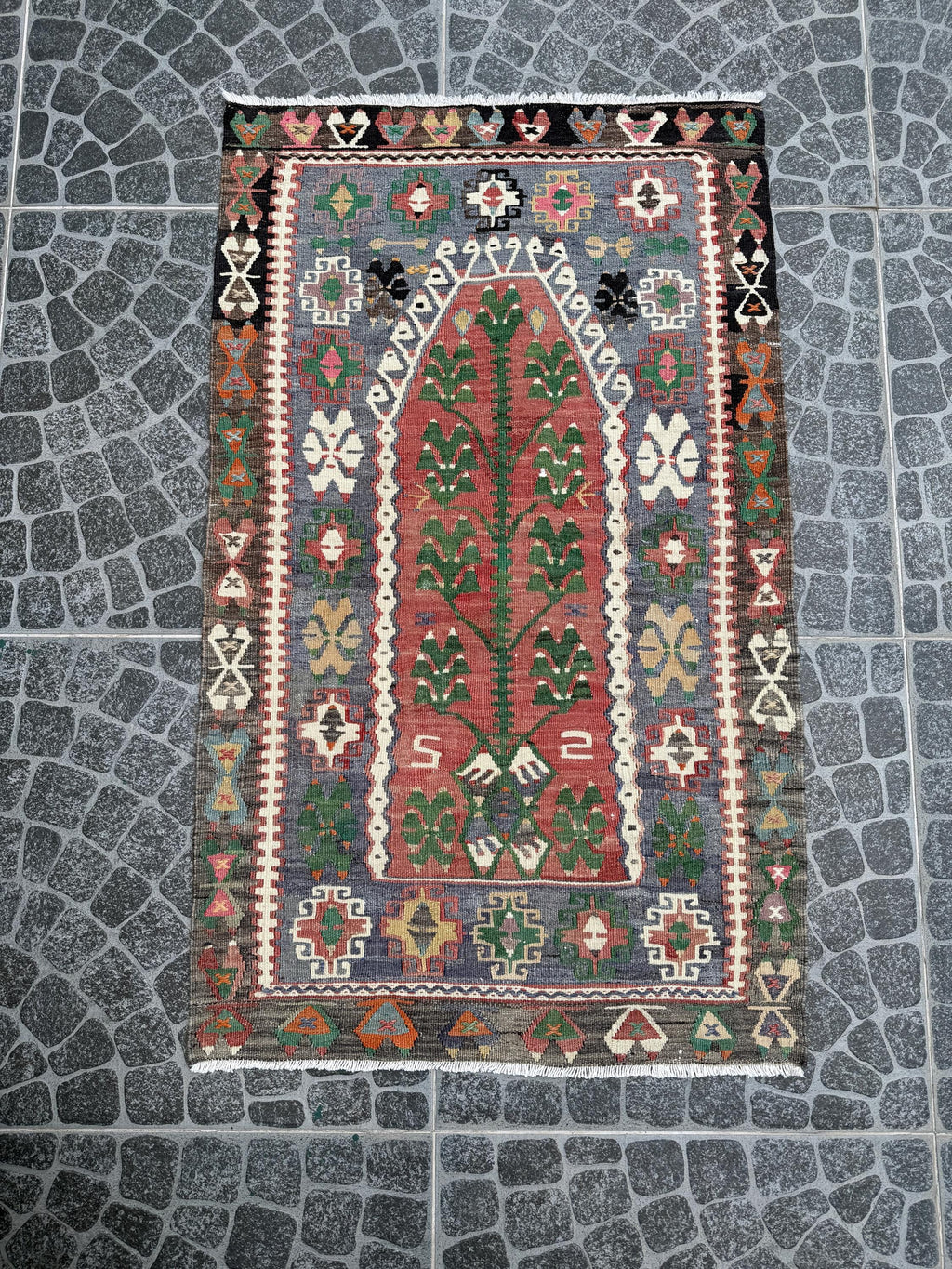 Vintage Turkish Kilim Rug, Tree of Life, Handwoven Wool (2.53x4.20 ft)