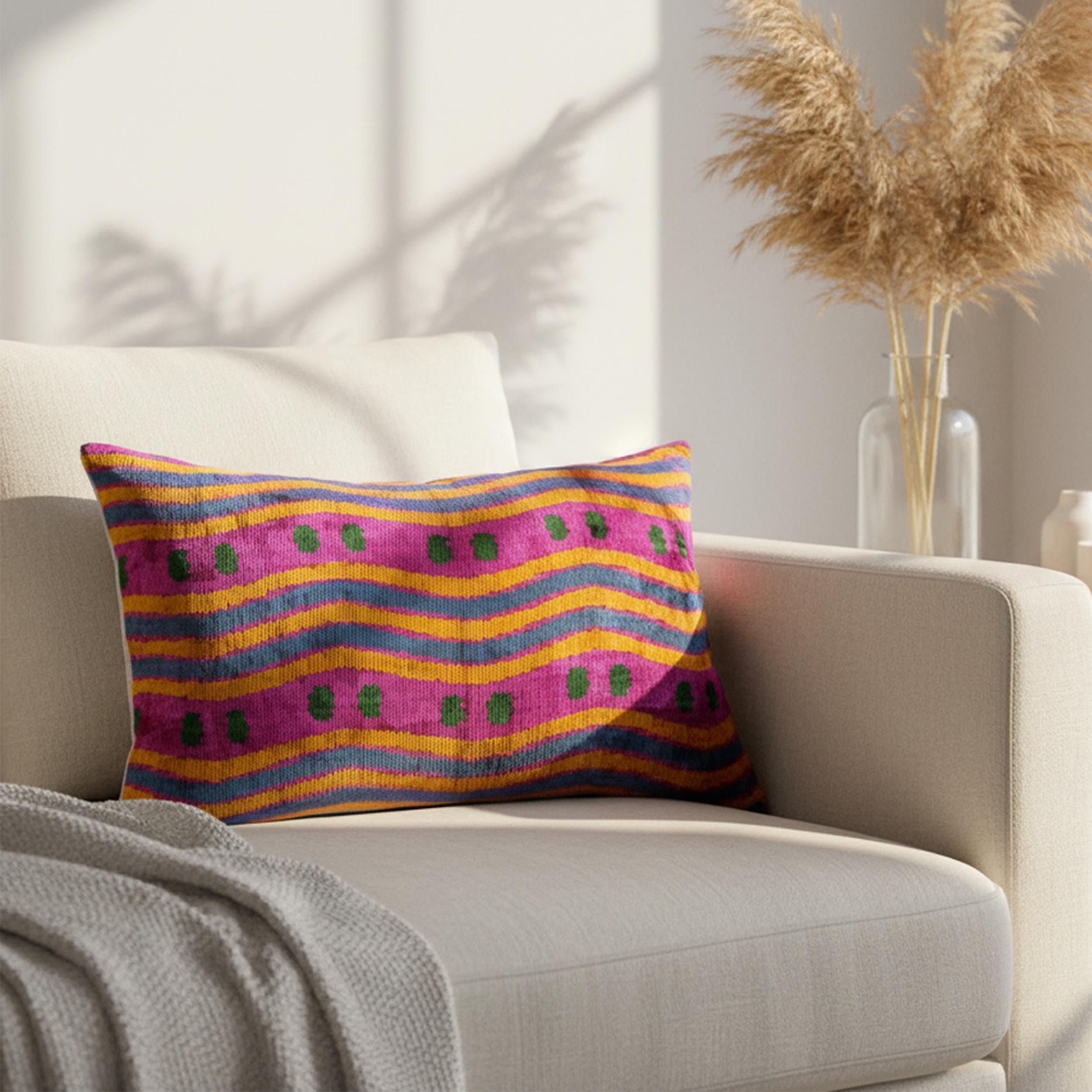 Pink Yellow Green Wavy Velvet Pillow Cover 16x24