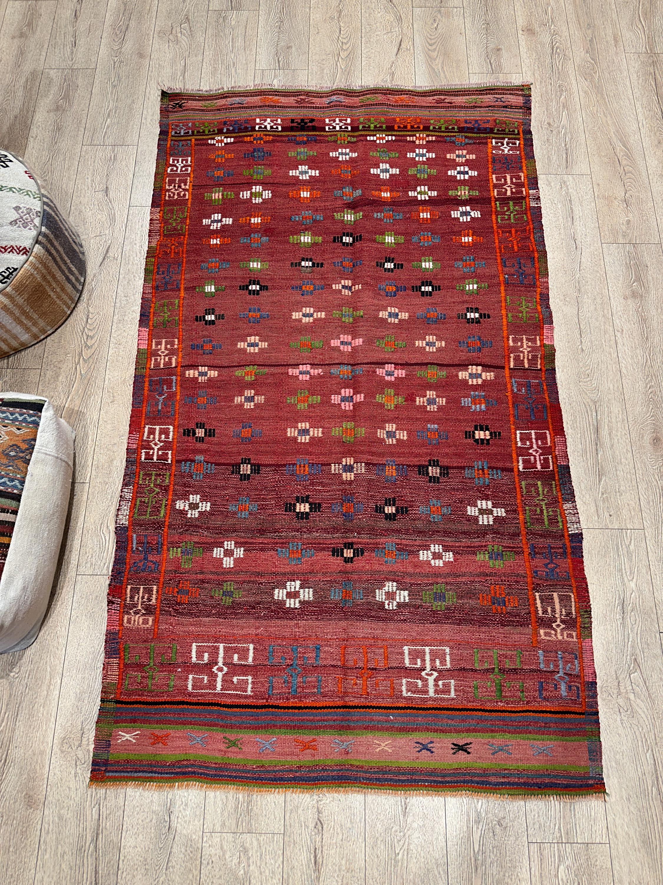 Vintage Turkish Kilim Rug, Handwoven Wool, Boho Decor (4.2 x 7.2 ft)