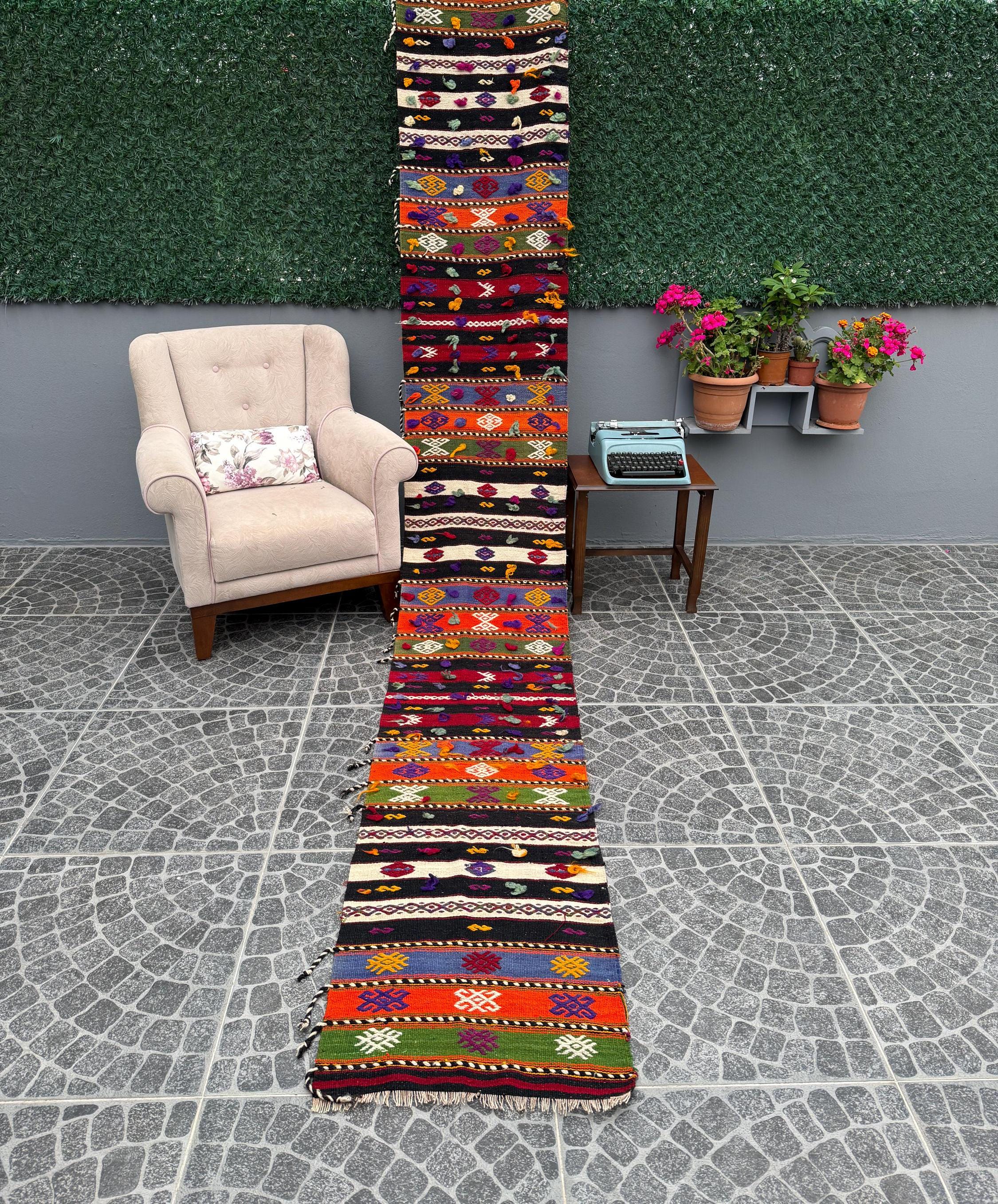 Vintage Handwoven Kilim Runner Rug: Turkish Cicim Design, Boho Decor