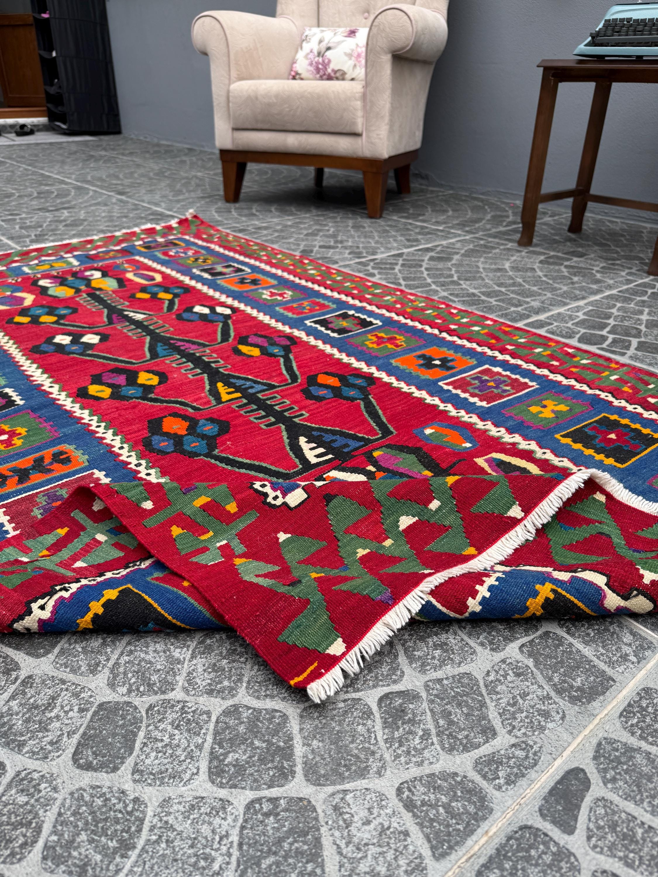 Vintage Tree of Life Kilim Rug, Turkish Handwoven Wool (3.93x6.66ft)