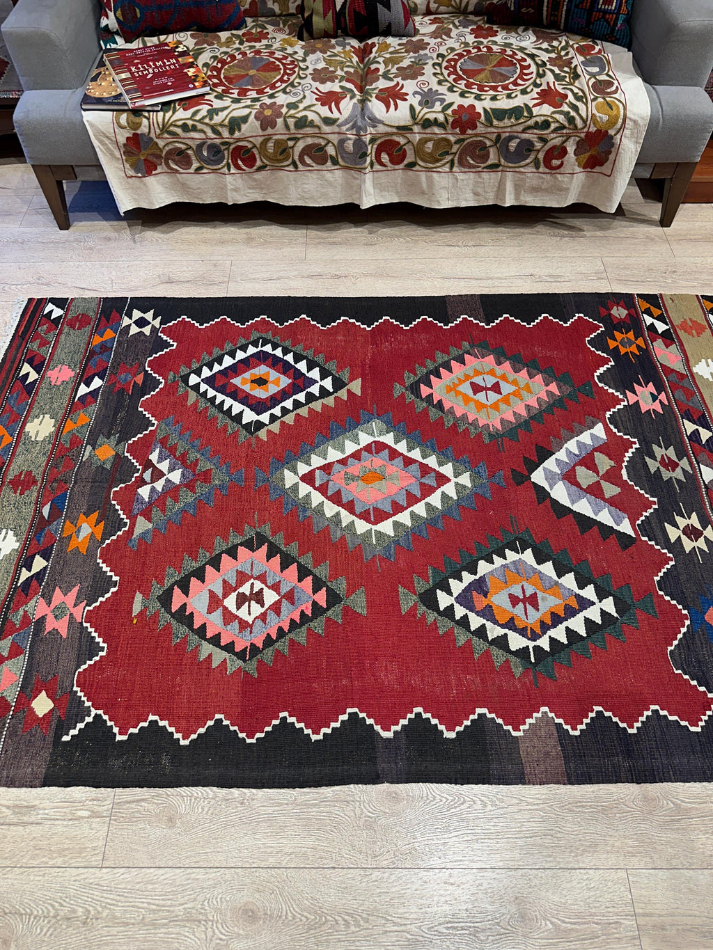 Vintage Turkish Kilim Rug – 4.6 x 7.4 ft, Red Black Geometric Wool Rug