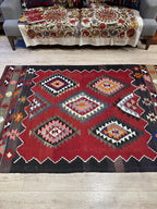Vintage Turkish Kilim Rug – 4.6 x 7.4 ft, Red Black Geometric Wool Rug