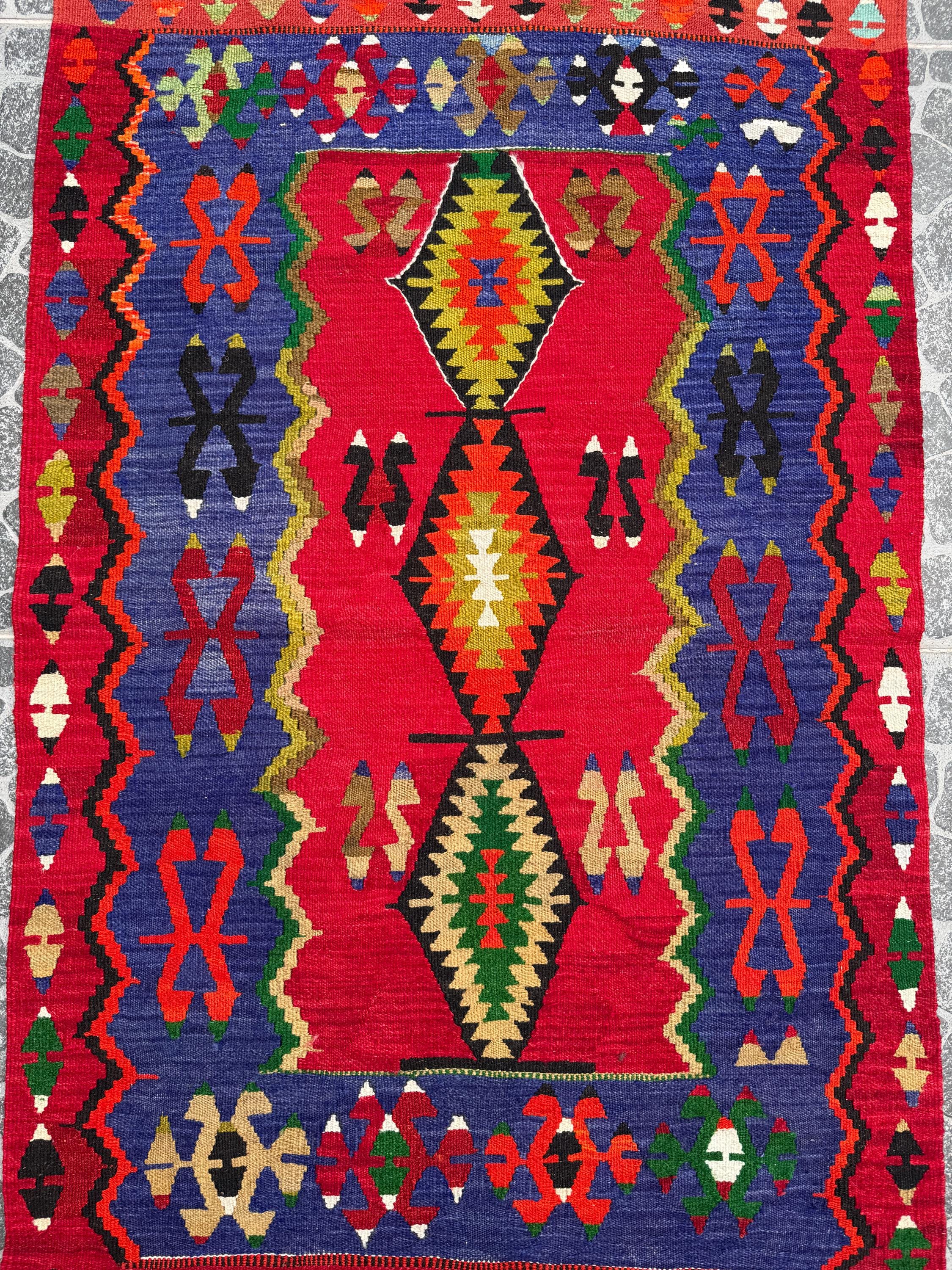 Vintage Turkish Afyon Kilim Rug | Bold Red & Blue Geometric Wall Hanging (2.72x4.36 ft)