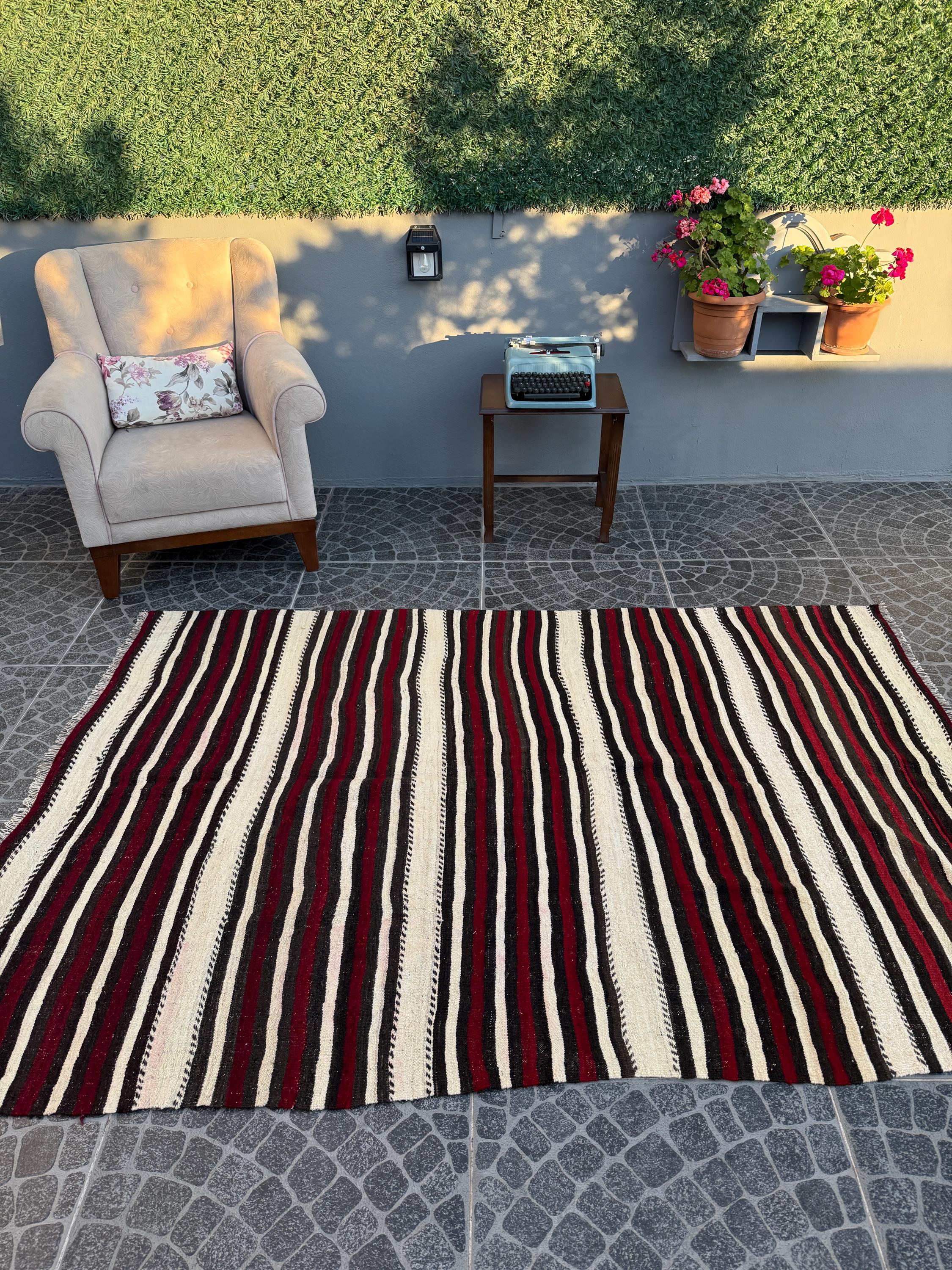 Vintage Turkish Kilim Rug: Handwoven Wool, Striped Bohemian Decor (4.8 x 7.2 ft)
