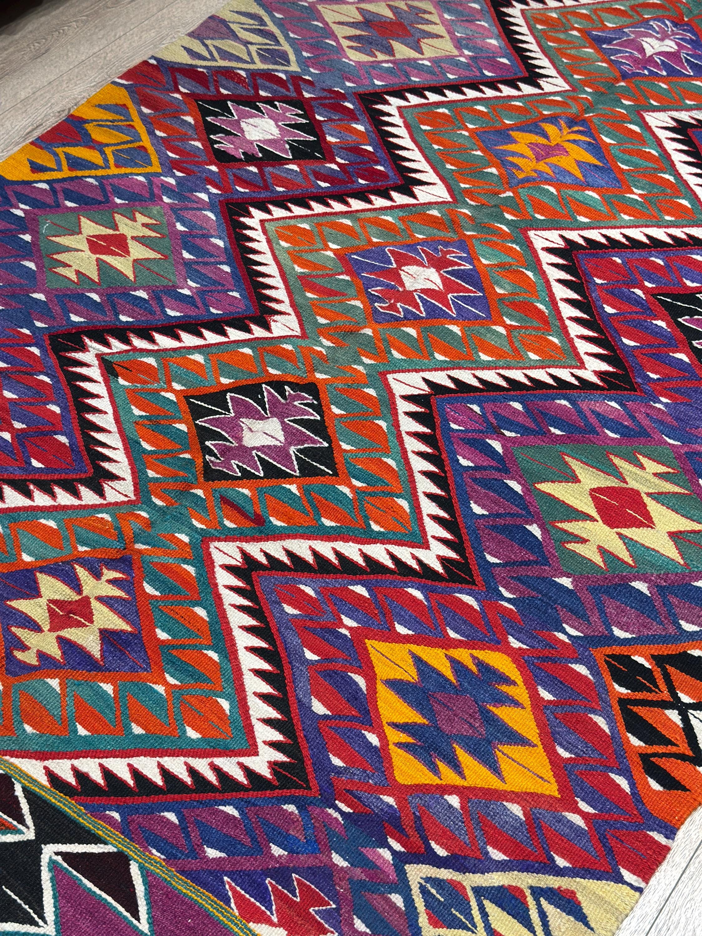 Vintage Turkish Kilim Rug (4.6 x 8 ft) – Handwoven Wool, Geometric Boho Decor