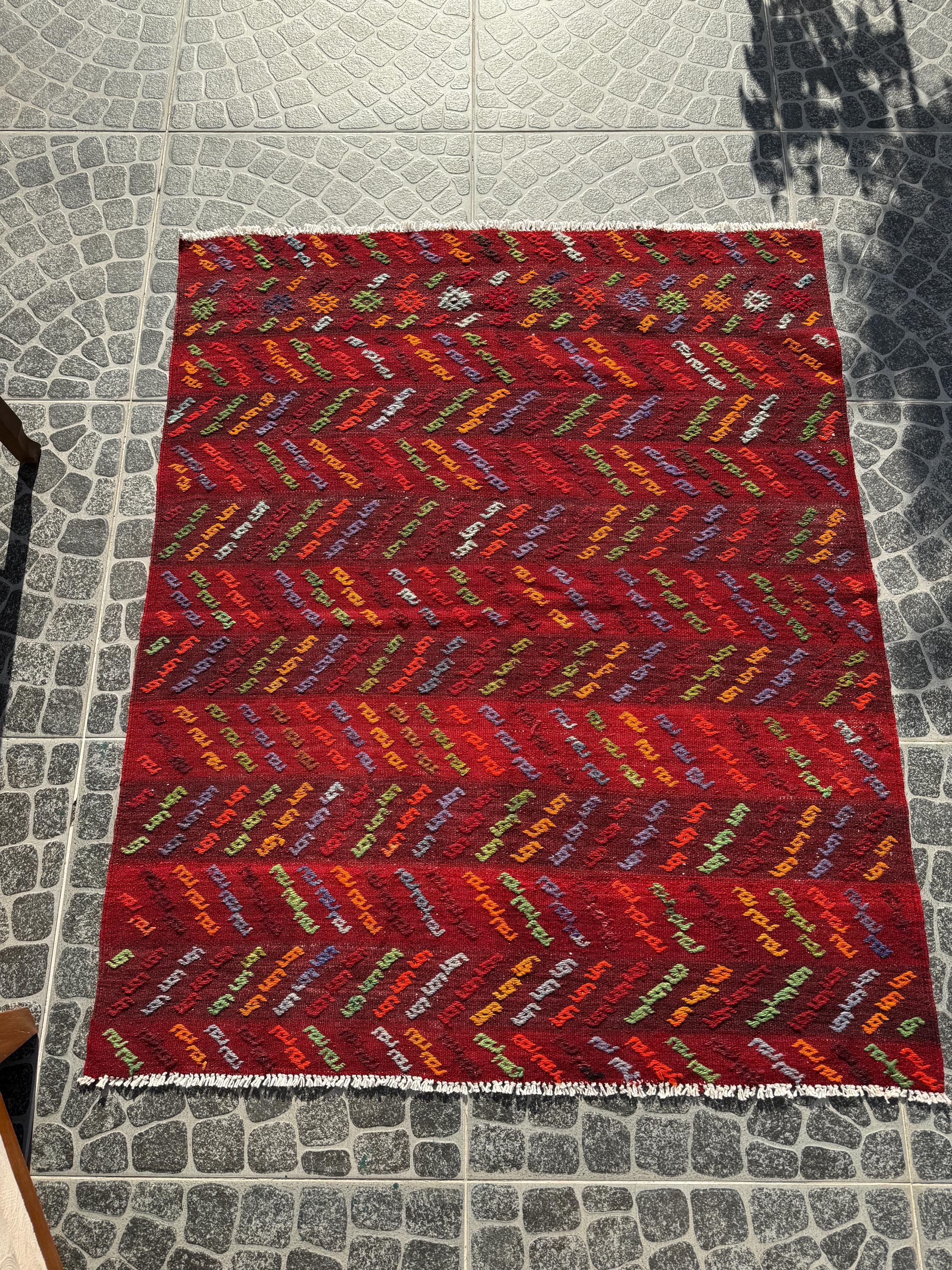 Vintage Afyon Cicim Rug, Handwoven Turkish Kilim, 3.94x4.69 ft